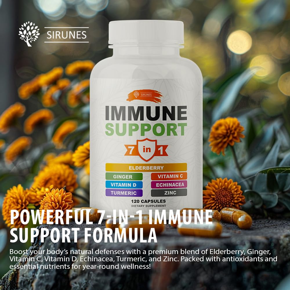 SIRUNES Immune Booster - Immunity Support Multivitamin with Vitamin C, D3, Elderberry, Zinc, Echinacea, Ginger & Turmeric - Antioxidant, Energy, Brain Health & Stress Relief, 120 Capsules
