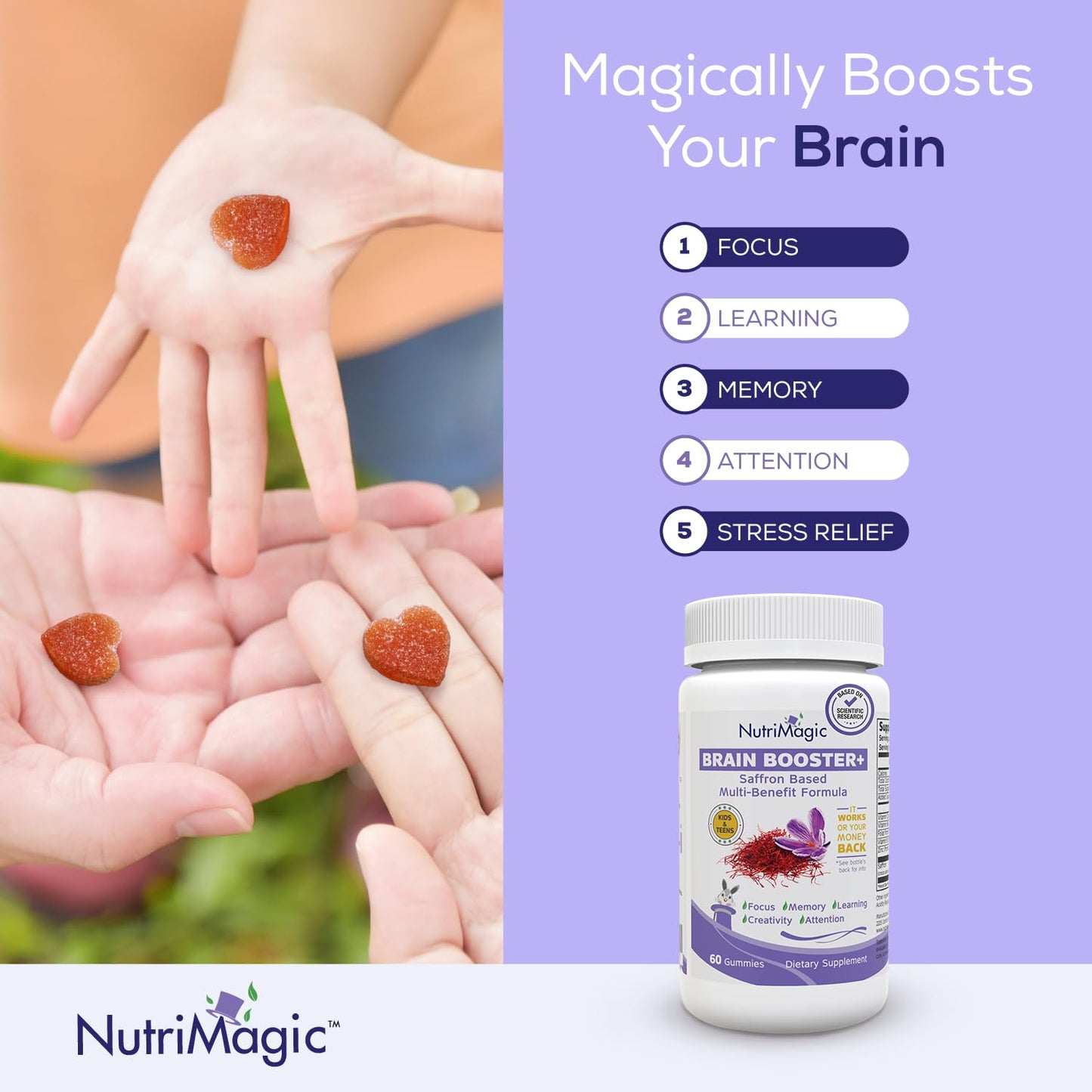 NutriMagic Kids Brain Booster+ 30mg Pure Saffron Extract Gummies, 60 Count