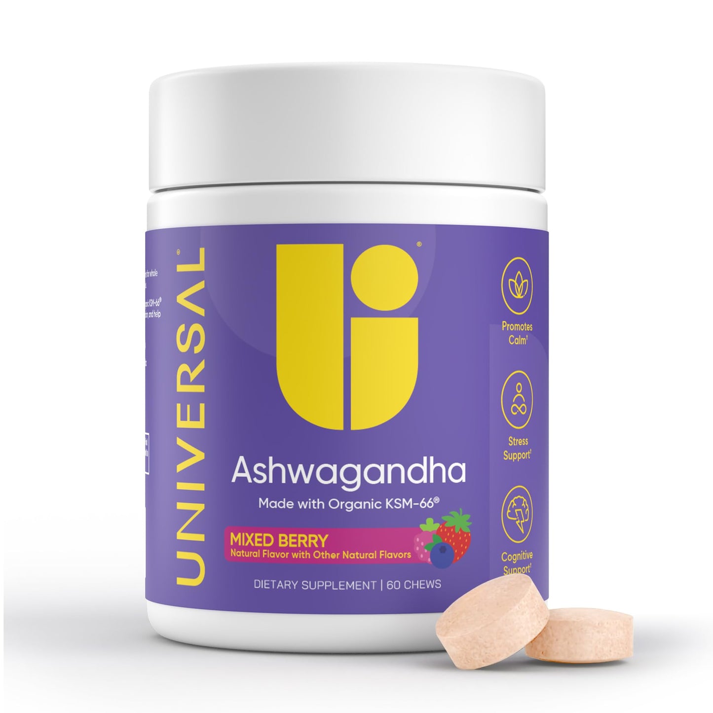 Universal U Calm + Focus Ashwagandha – KSM-66 300 mg Clinically Studied Extract for Stress Relief, Mood Balance & Calm Energy – Mixed Berry Flavor, 60 Chews