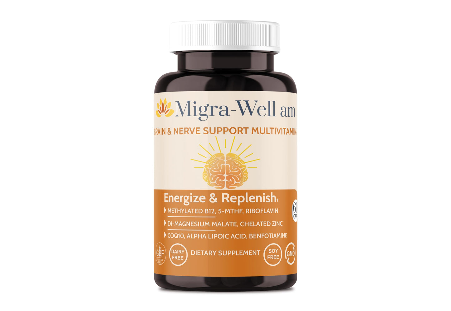 Wellkasa Migra-Well AM: Energizing Daily Methylated Multivitamin with Bioavailable Minerals & Antioxidants Supporting Brain & Nerve Health for Women and Men - Without Iron, 60 Capsules