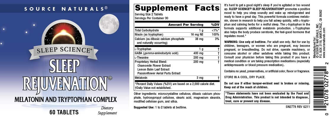 Source Naturals Sleep Science Sleep Rejuvenation, Melatonin and Tryptophan Complex for Restful Sleep Support Tablet, 60 Tablets