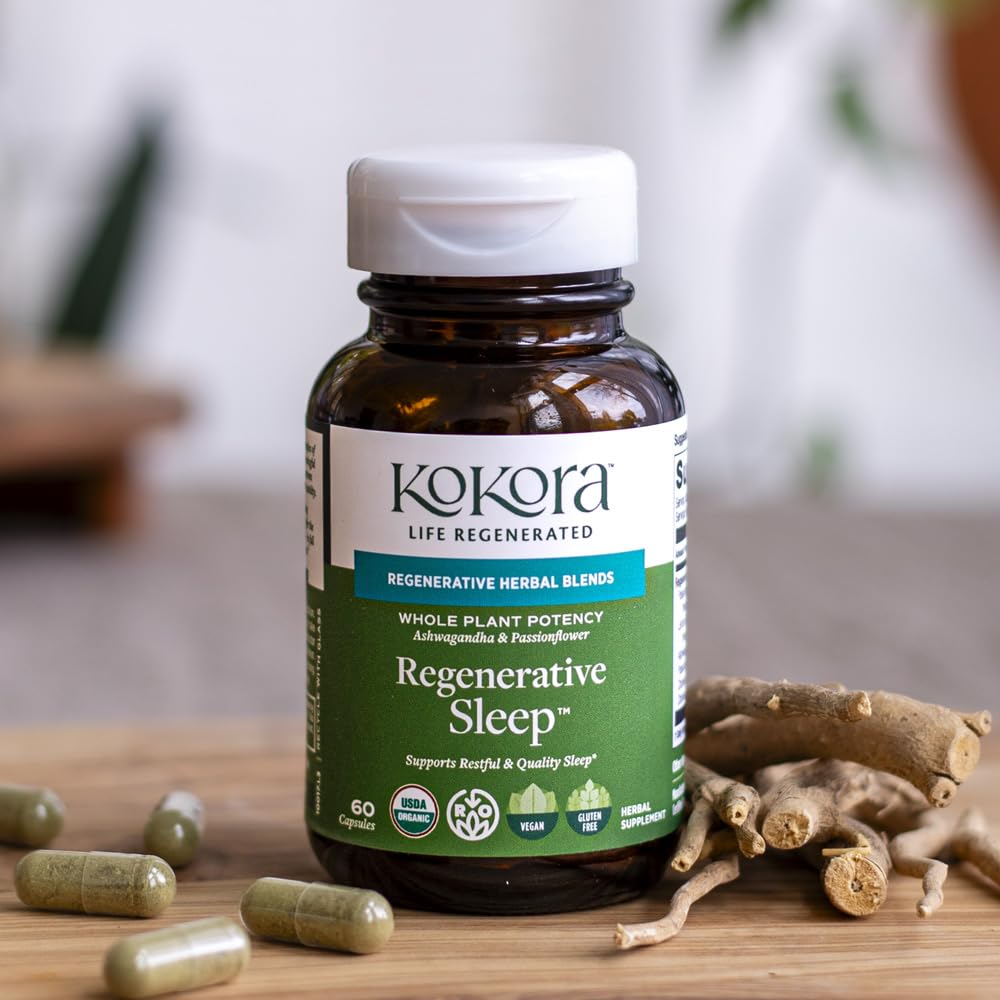 kokora Regenerative Sleep - Regenerative Organic Certified - Supports Restful, Quality Sleep, Relaxation* - Adaptogen Blend w/Lemon Balm & Passionflower - Vegan & Non-GMO, 60 Capsules