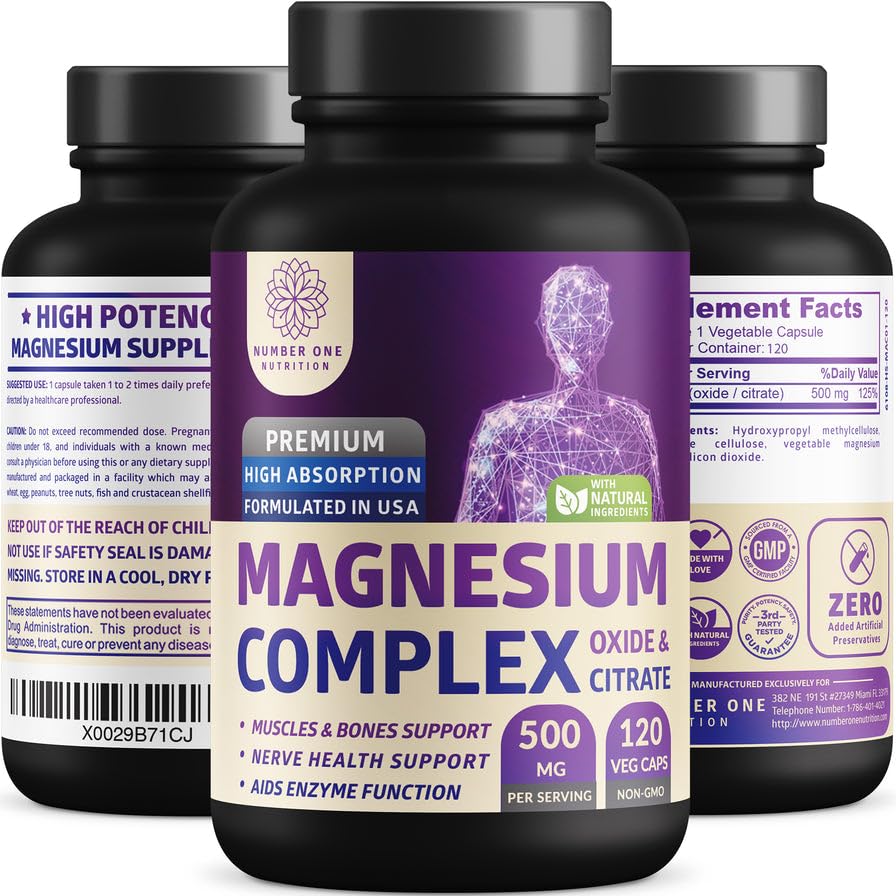 Number One Nutrition Magnesium Complex 500mg Citrate and Oxide Capsules, 120 Count