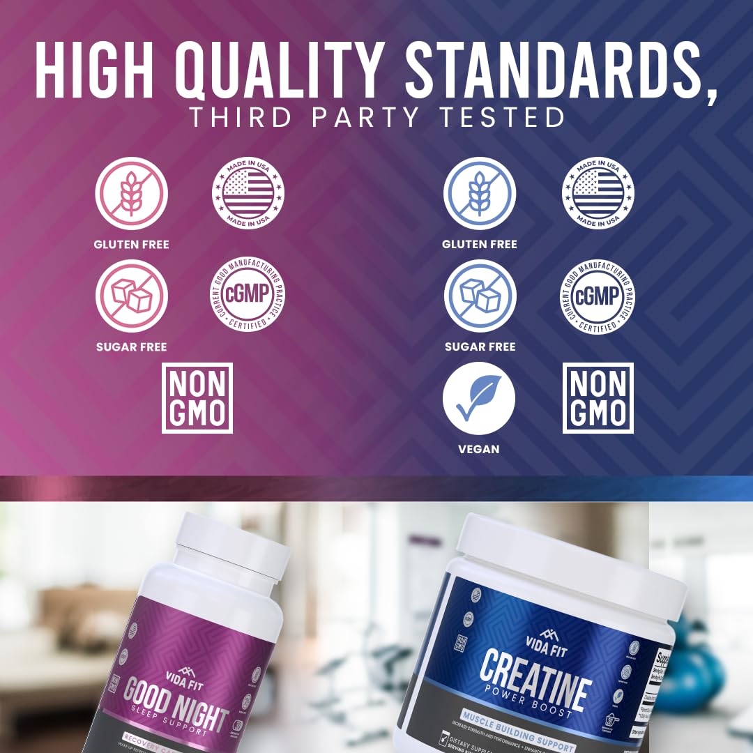 Vida Fit Good Night Natural Sleep Aid (60 Capsules) & Micronized Creatine Monohydrate Powder (150 g) Bundle