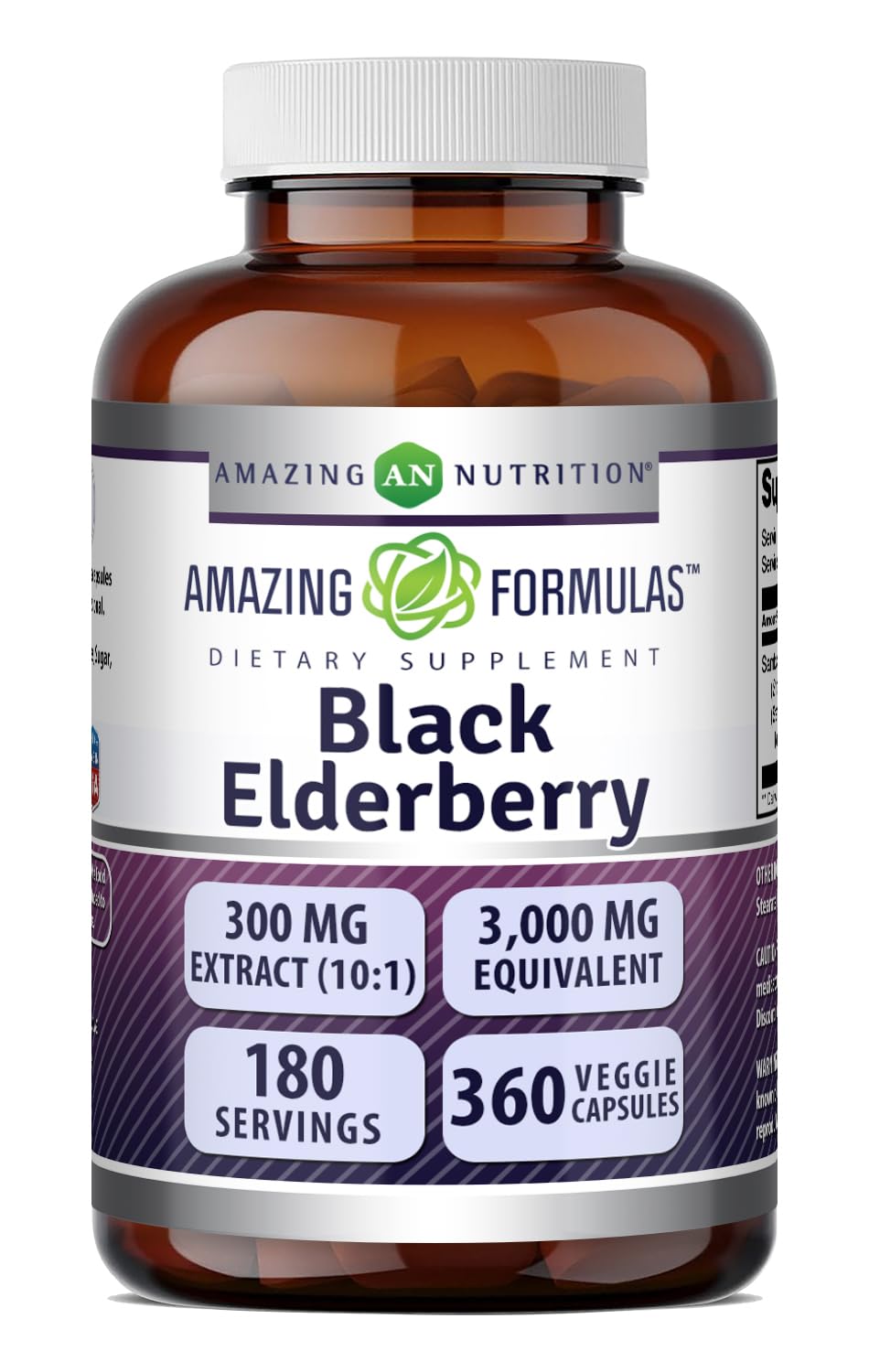 Amazing Nutrition Sambucus Black Elderberry 300 Mg (10:1) Extract Capsules, 360 Capsules
