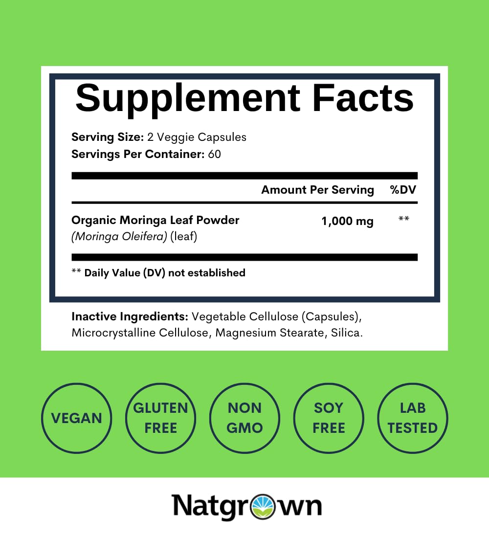 Natgrown Organic Moringa Capsules 1,000 mg - Pure Moringa Leaf Powder - Green Superfood Supplement - Vegan, Gluten-Free - 120 Capsules