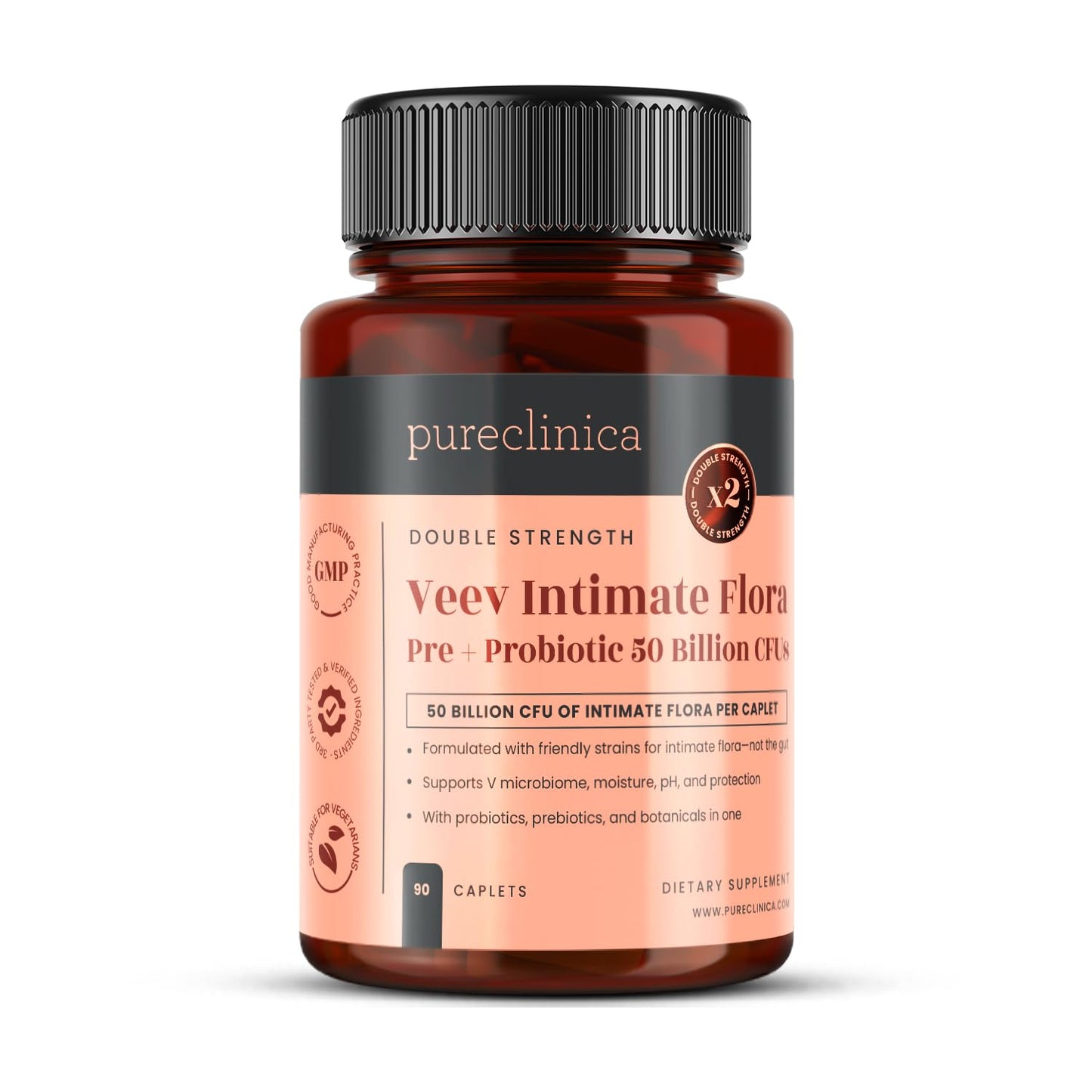 PureClinica Veev Intimate Flora - Vaginal & Gut Microbiome Support – 50 Billion CFU – Probiotics, Prebiotics, Cranberry, D-Mannose, Hyaluronic Acid, Caplets, 90 Count