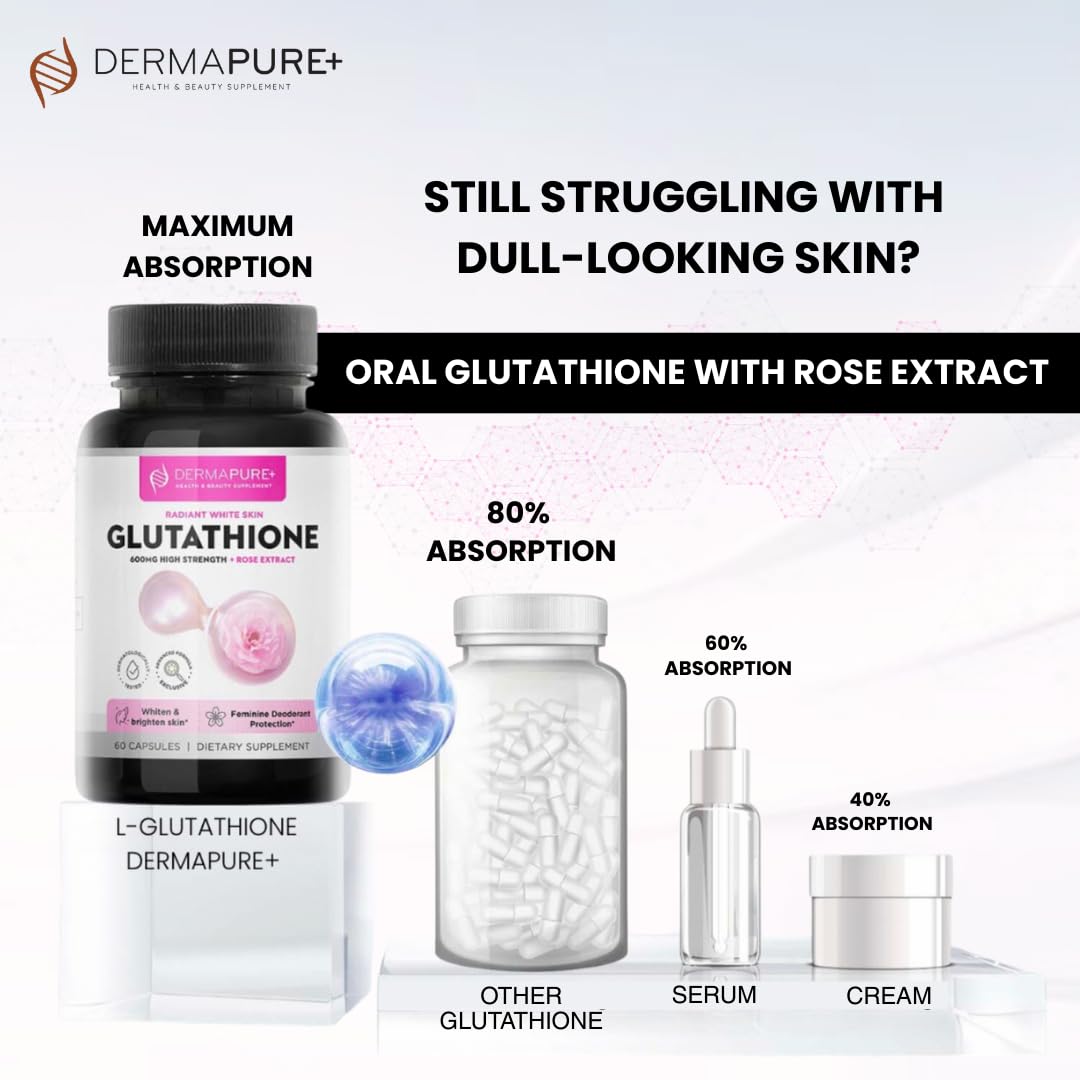 HVSun Dermapure Glutathione Whitening Pills 2-in-1, 600mg with Rose Oil Extract – Skin Lightening & Deodorant Supplement - Dark Spots, Acne Scars & Hyperpigmentation – Made in USA, 60 Capsules