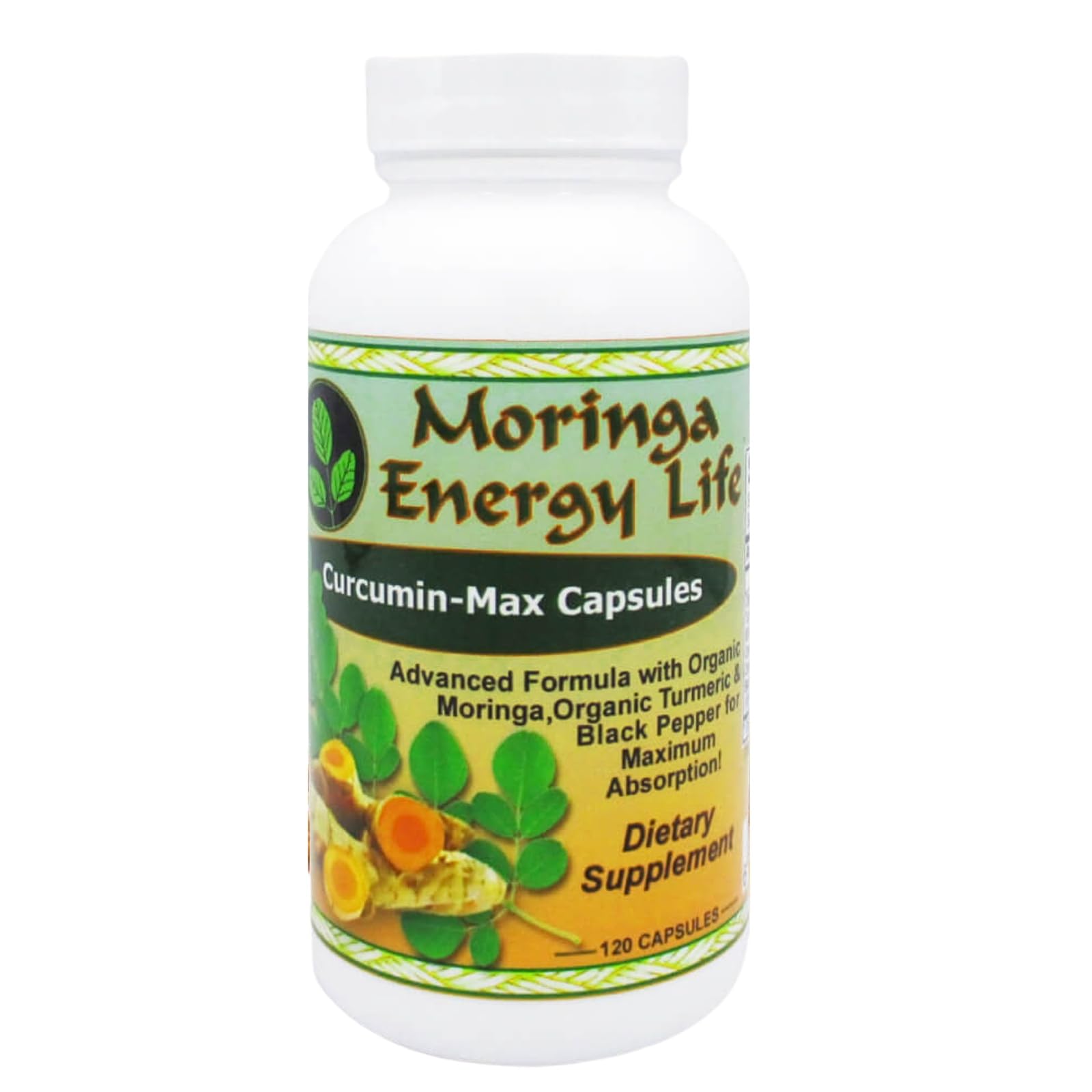 Moringa Energy Life Curcumin Max Turmeric Plus Moringa Capsules with Black Pepper, 120 Count