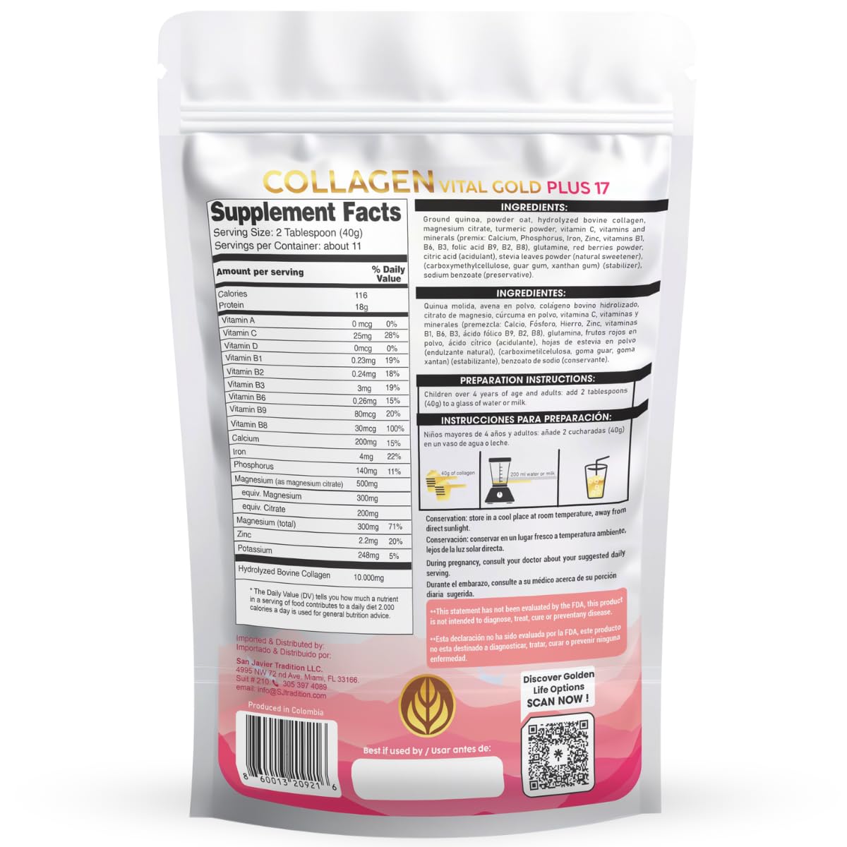 Gold Vital Life Collagen Peptides Powder - Hydrolyzed Collagen with +17 Super Ingredients, Red Berries Flavor, 1 lb, 16 Servings