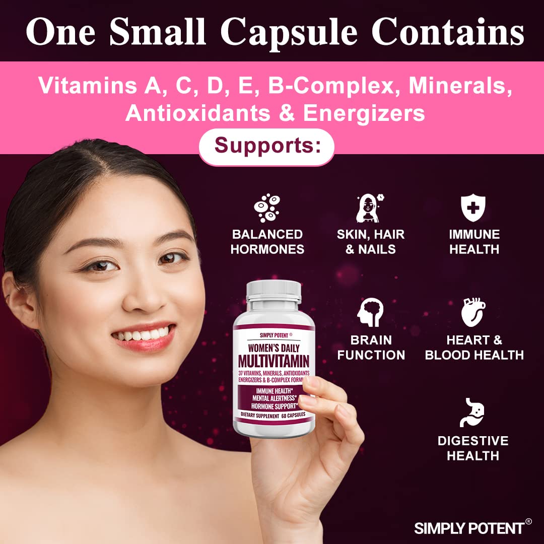 Simply Potent Women's Multivitamin - 37 Vitamins & Minerals with Biotin, Vitamins A C D E B12, Folate, Zinc, Magnesium, Calcium & Green Tea Extract, 60 Capsules