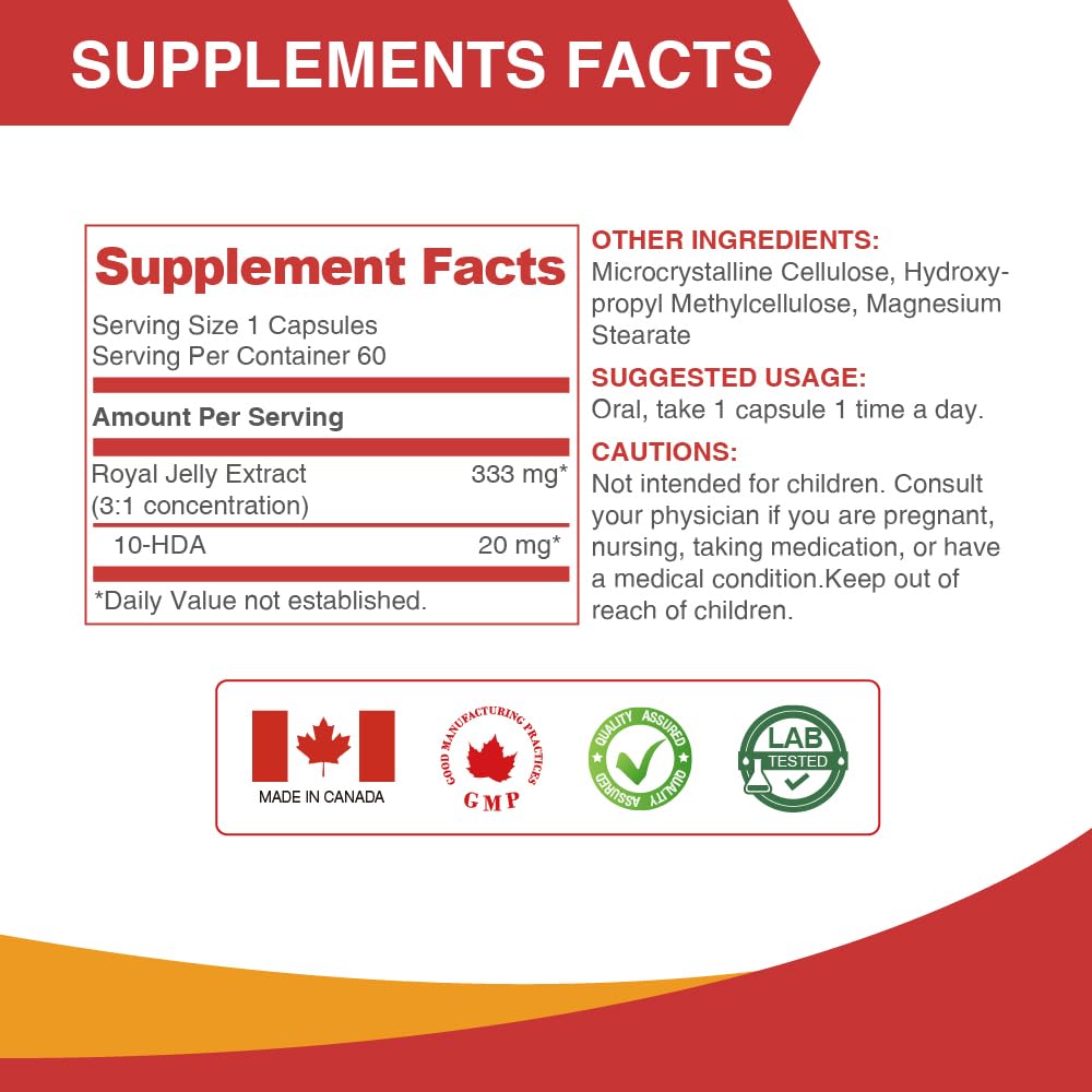 LOVITA Royal Jelly 333 mg, 3:1 Concentrate, 20 mg 10-HDA, Natural Source Super Food, Supports Skin Health & Energy Production, 180 Capsules