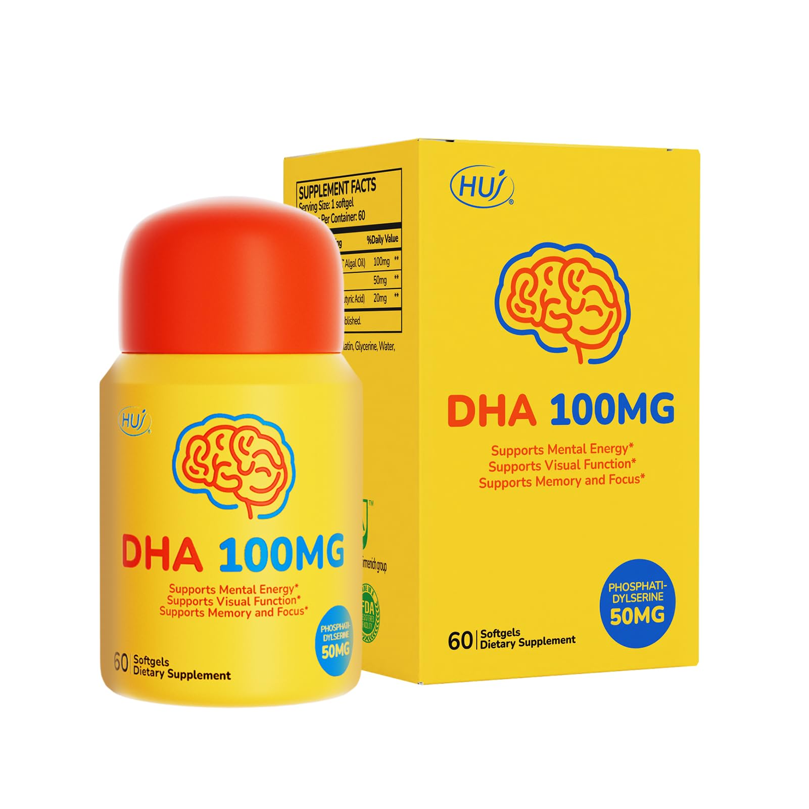 HUJ DHA 100mg Kids DHA Supplement Algal Oil Softgels, 60 Count
