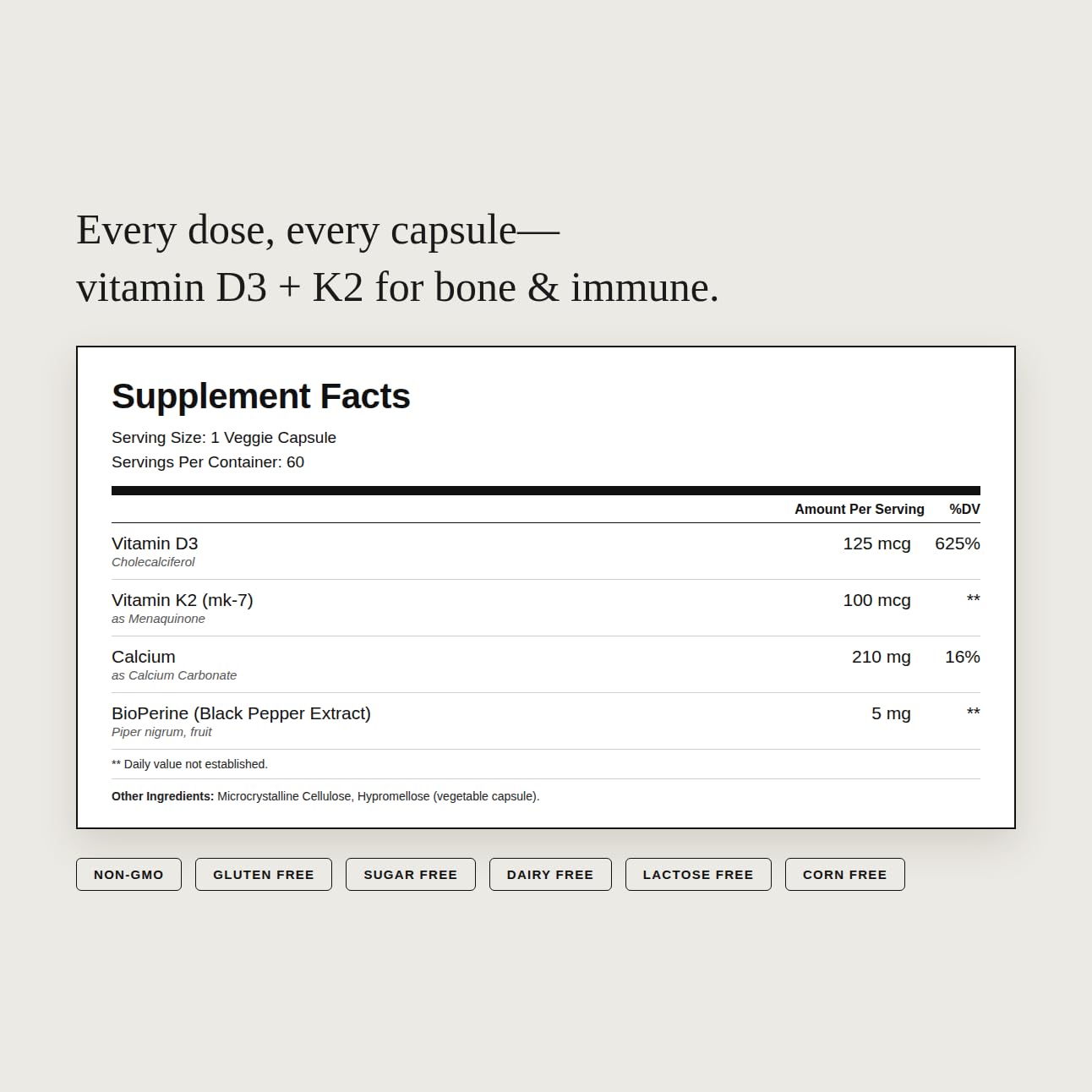 Dear Apothecary K2-D3 Max Vitamin D3 125mcg + K2 MK-7 100mcg with Calcium 210mg and BioPerine, 60 Capsules