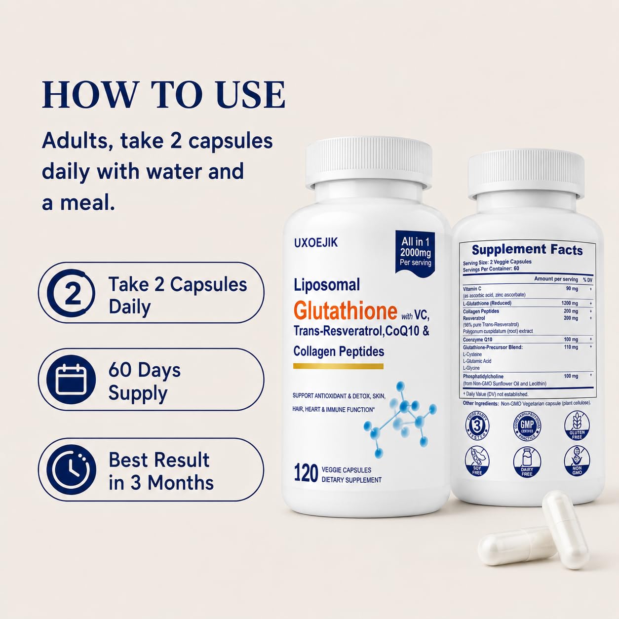 UXOEJIK Liposomal Glutathione Supplement Capsule, 120 Count