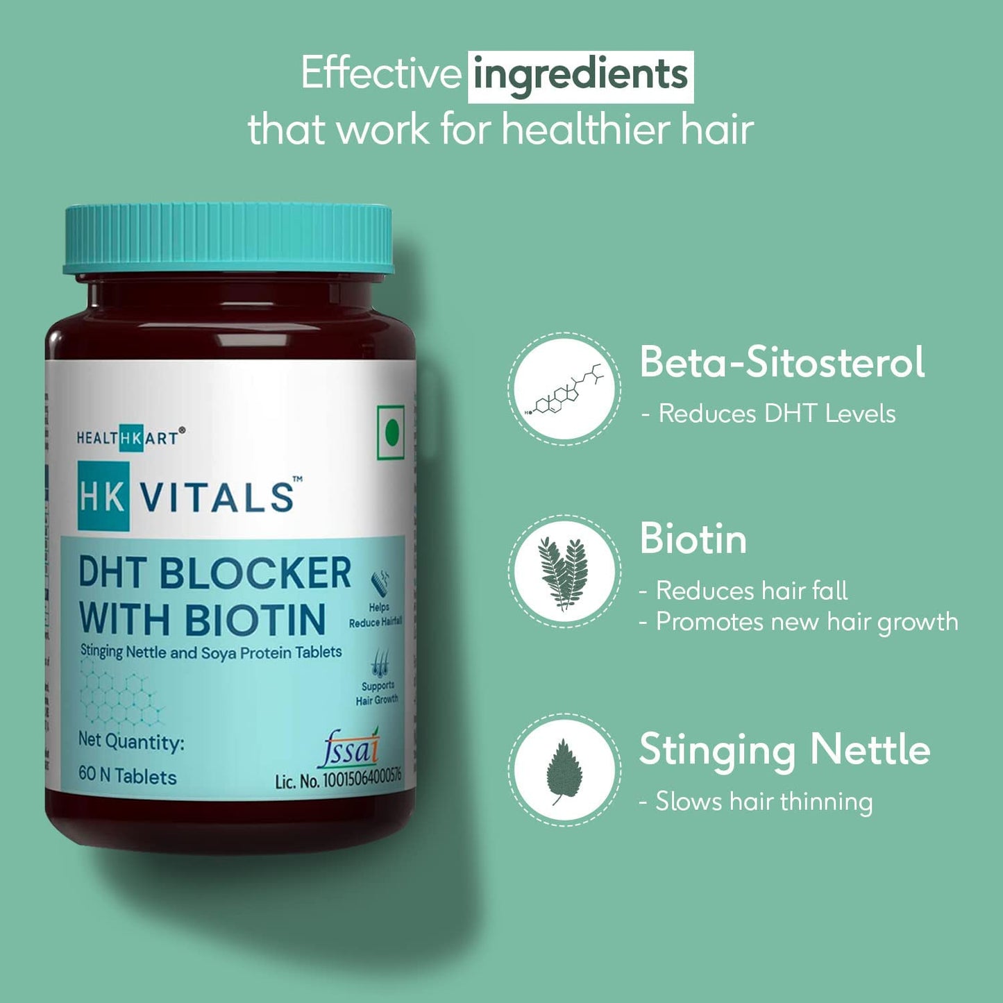 Glamzy HK Vitals DHT Blocker with Biotin, Stinging Nettle and Soya Protein, Helps Reduce Hair Fall, Stimulates Hair Growth, 60 Tablets