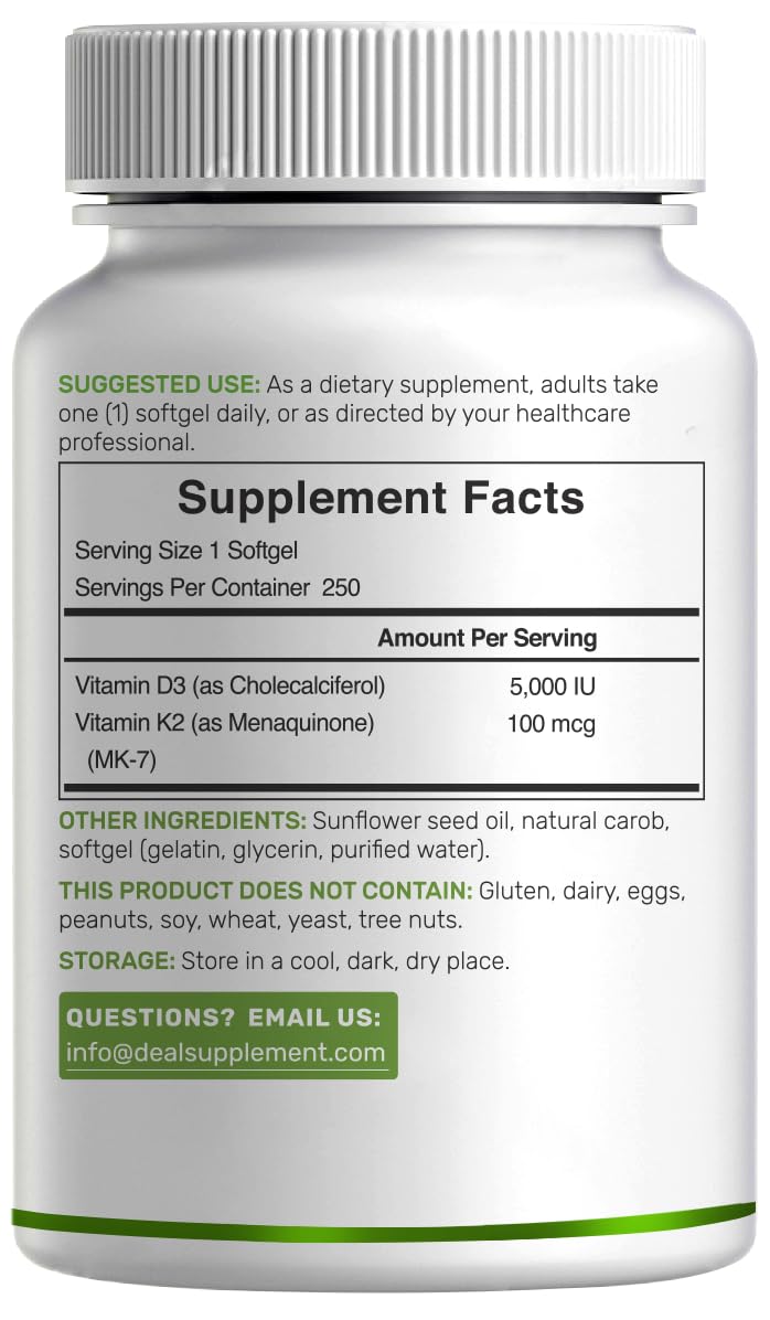 DEAL SUPPLEMENT Vitamin D3 5,000 IU + K2 MK7 Softgels, 250 Count