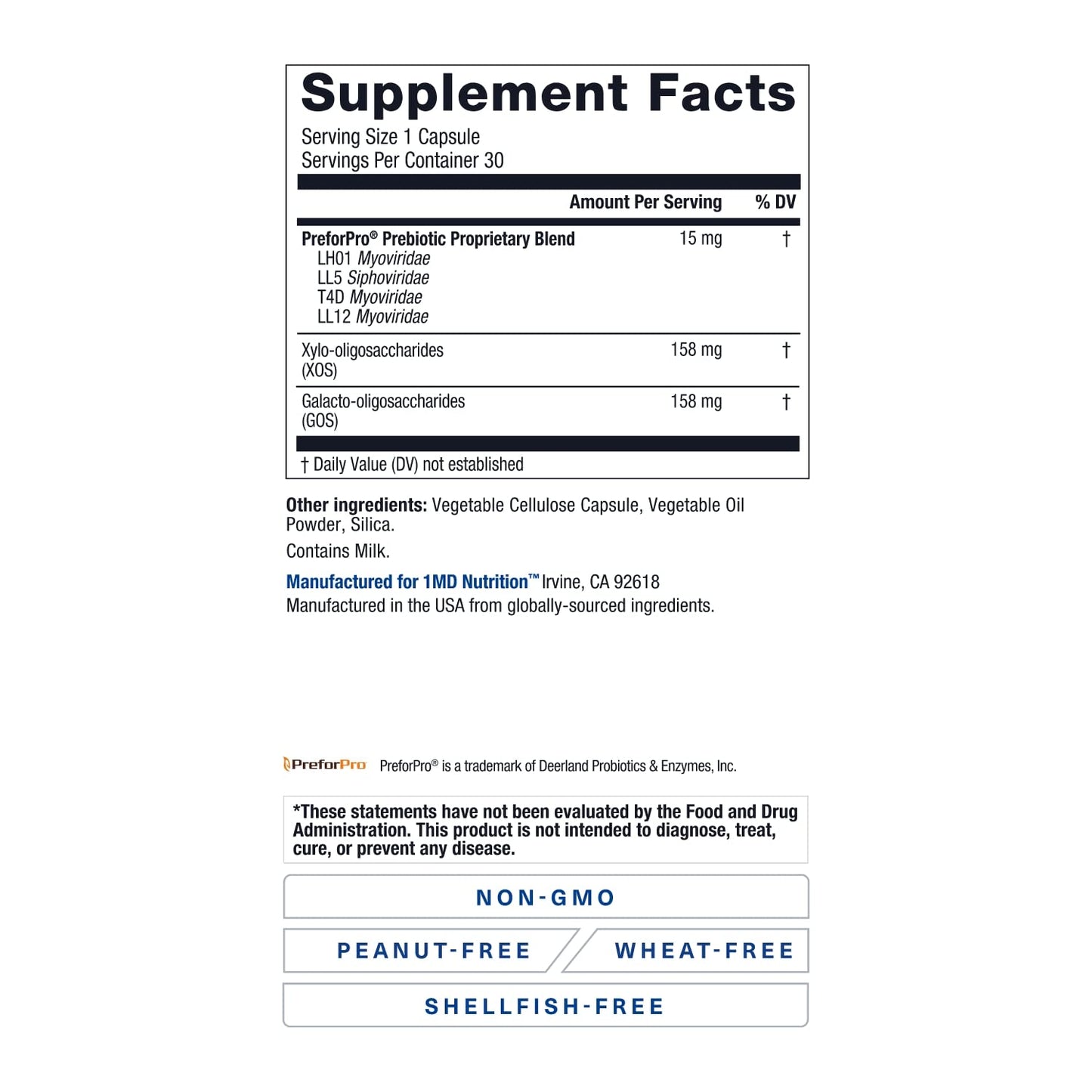1MD Nutrition PreBioMD Prebiotic with PreforPro 60 Capsules