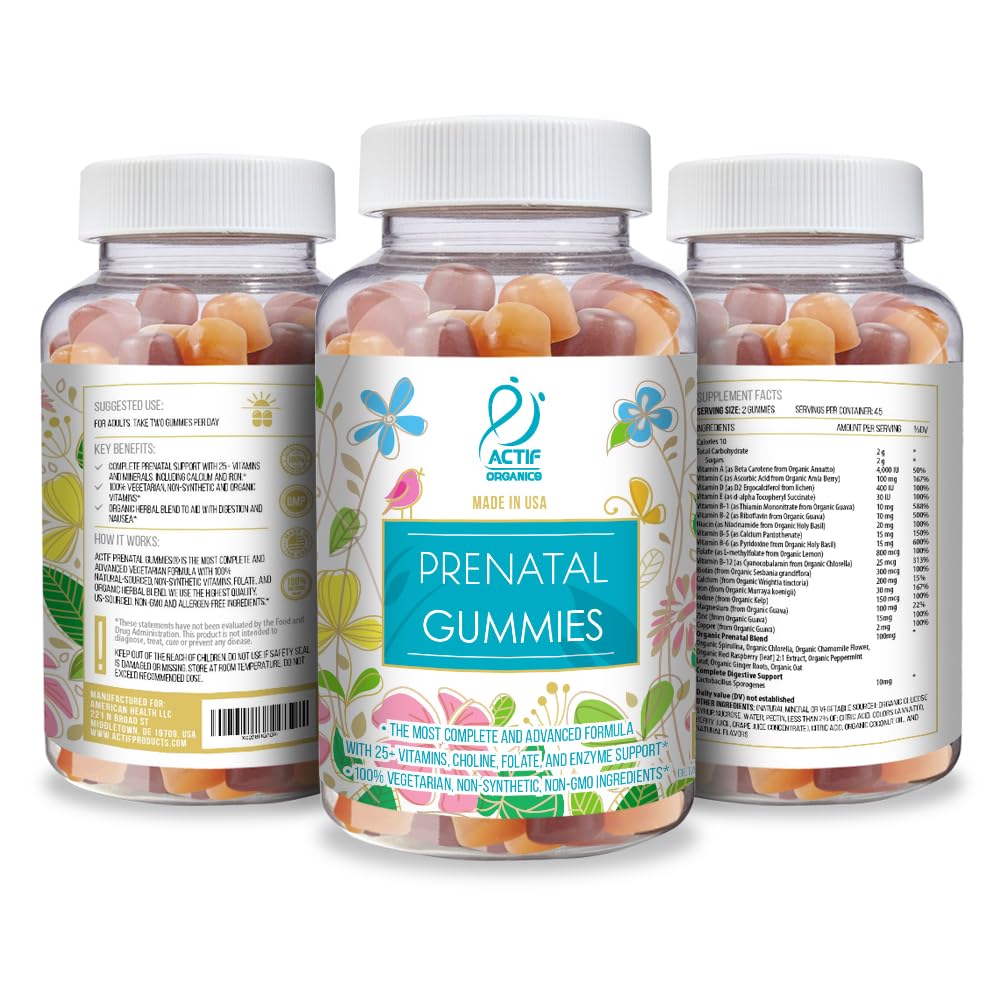 ACTIF Prenatal Gummies with 25+ Organic Vitamins and Organic Herbal Blend Gummy 90 Count