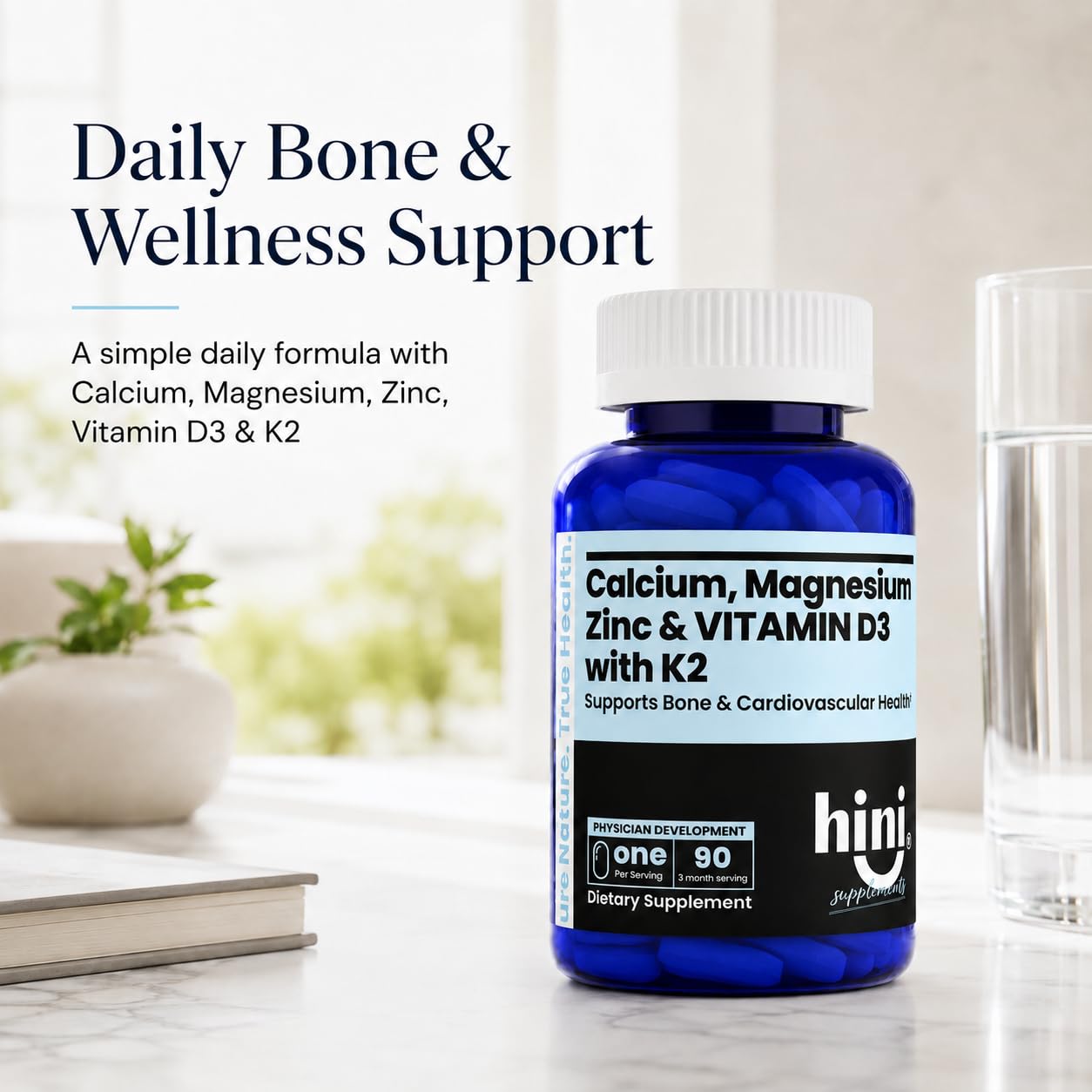 HINI Calcium Magnesium Zinc Supplement with Vitamin D3 & K2 MK-7 Tablets, 90 Tablets
