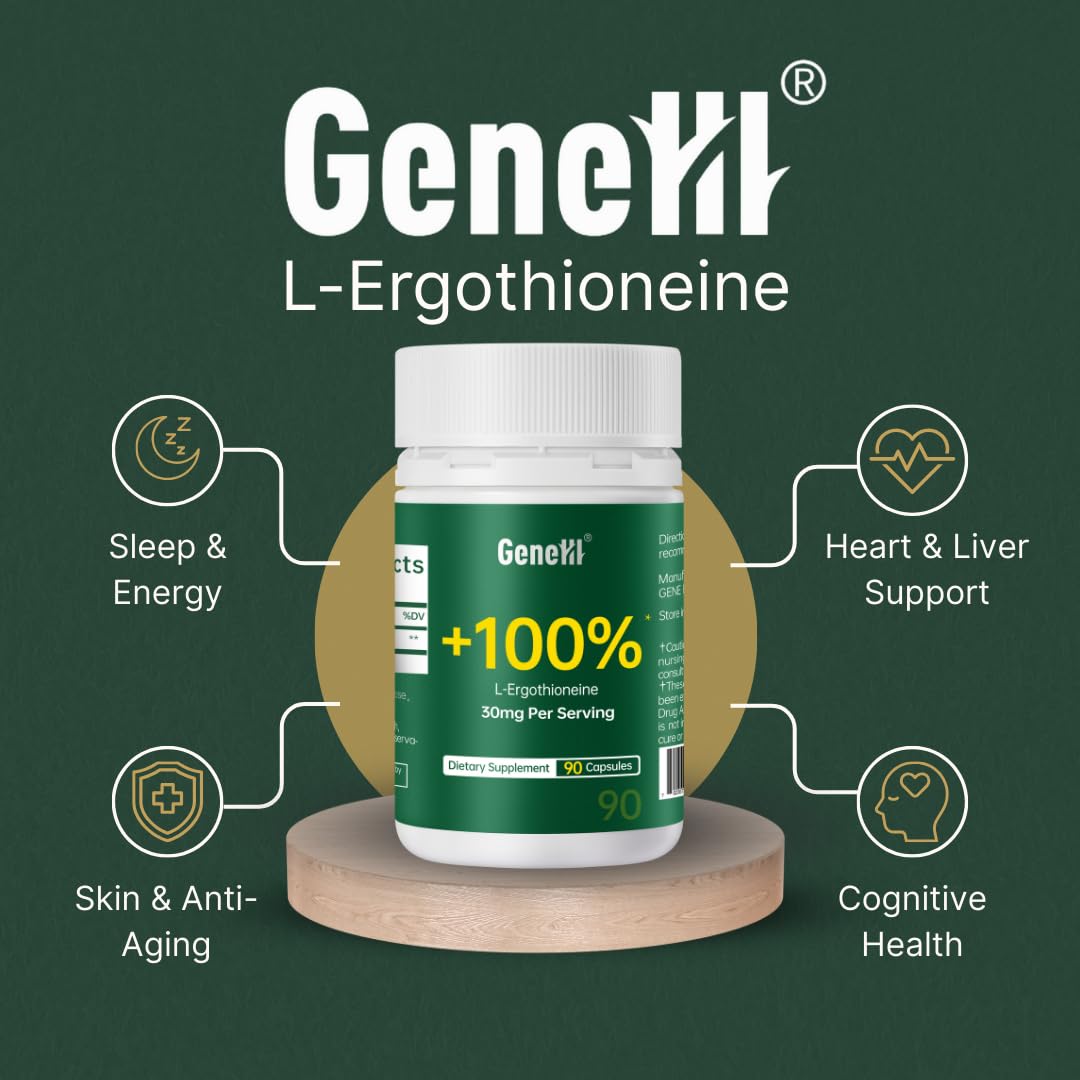 GENEIII L-Ergothioneine Supplement 30mg - Fermentation-Based 99.99% Purity Antioxidant - Clinically Studied to Support Longevity, Restful Sleep & Healthy Aging - Vegan & Non-GMO - 90 Capsules