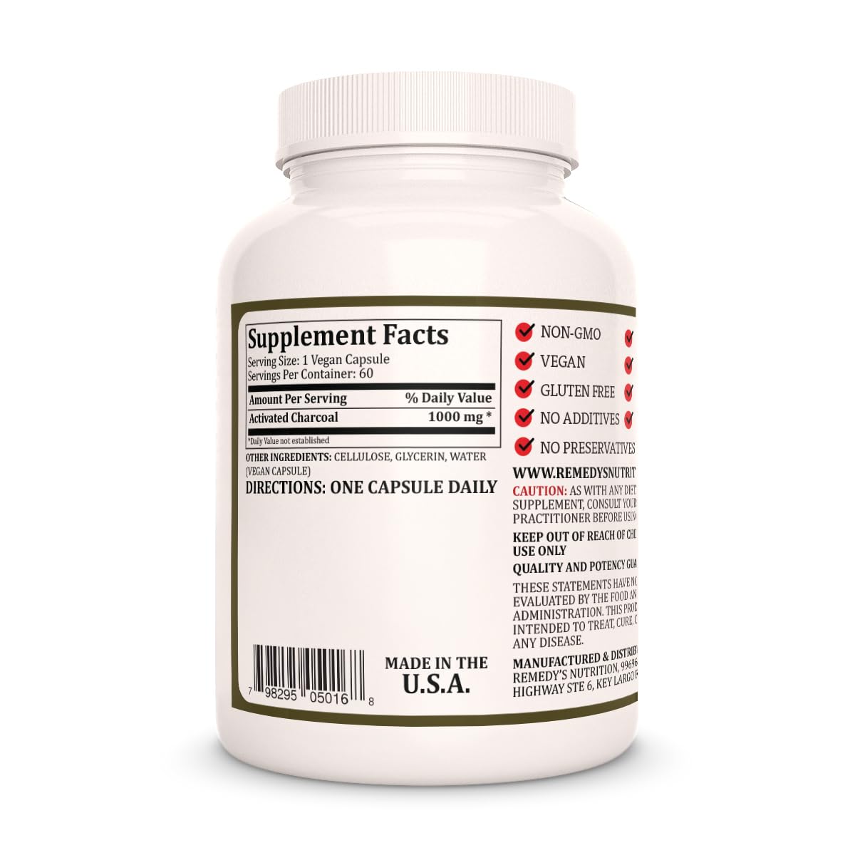 Remedy’s Nutrition Activated Charcoal 1000 mg Capsule 60 Count