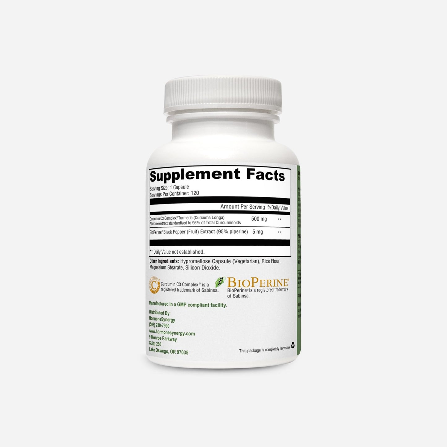 HormoneSynergy Curcumin C3 Complex with BioPerine Ultra HIGH Potency 500 mg Capsule, 120 Capsules