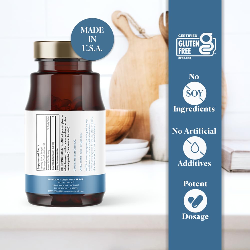 Nutri-Rich CoQ10 100mg Softgels with MCT Oil – Naturally Fermented Ubiquinone for Heart Health, Energy & Statin Support – High Absorption CoQ10 Supplement – Non-GMO, Gluten Free, 90 Softgels