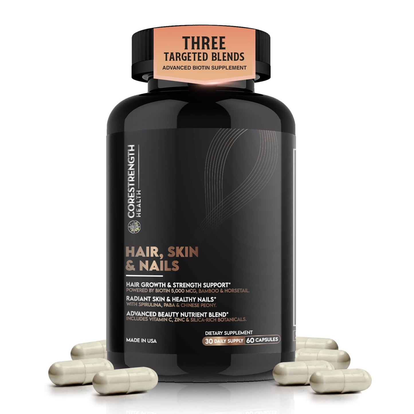 CoreStrength Health LLC Hair Skin and Nails Vitamins with Biotin 5000 mcg Capsules, 60 Count