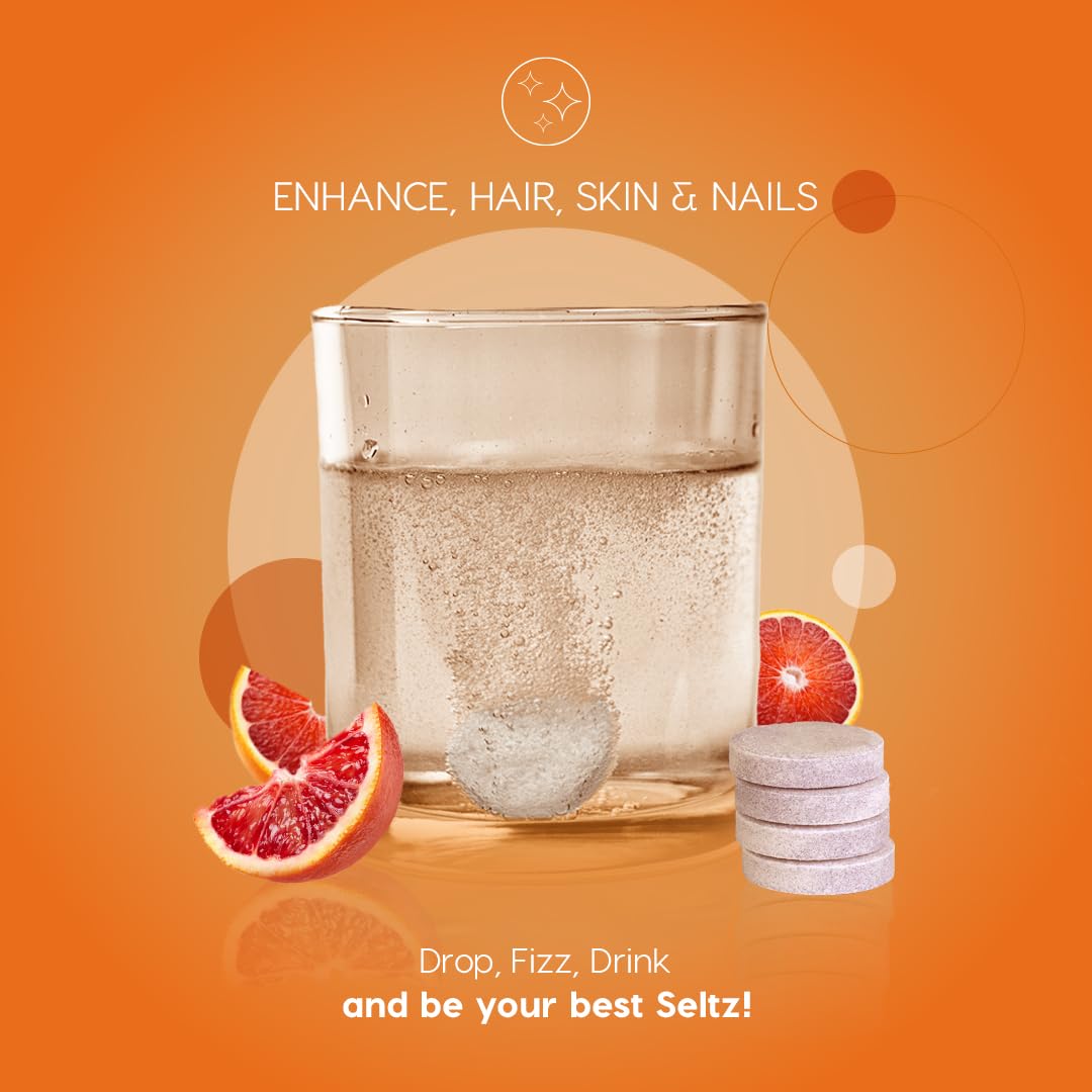 Seltz Enhance Hair, Skin & Nails – Effervescent Vitamins with Biotin, Silica & Vitamin C for Beauty & Immune Support – Blood Orange Flavor, No Sugar Added, 20 Tablets