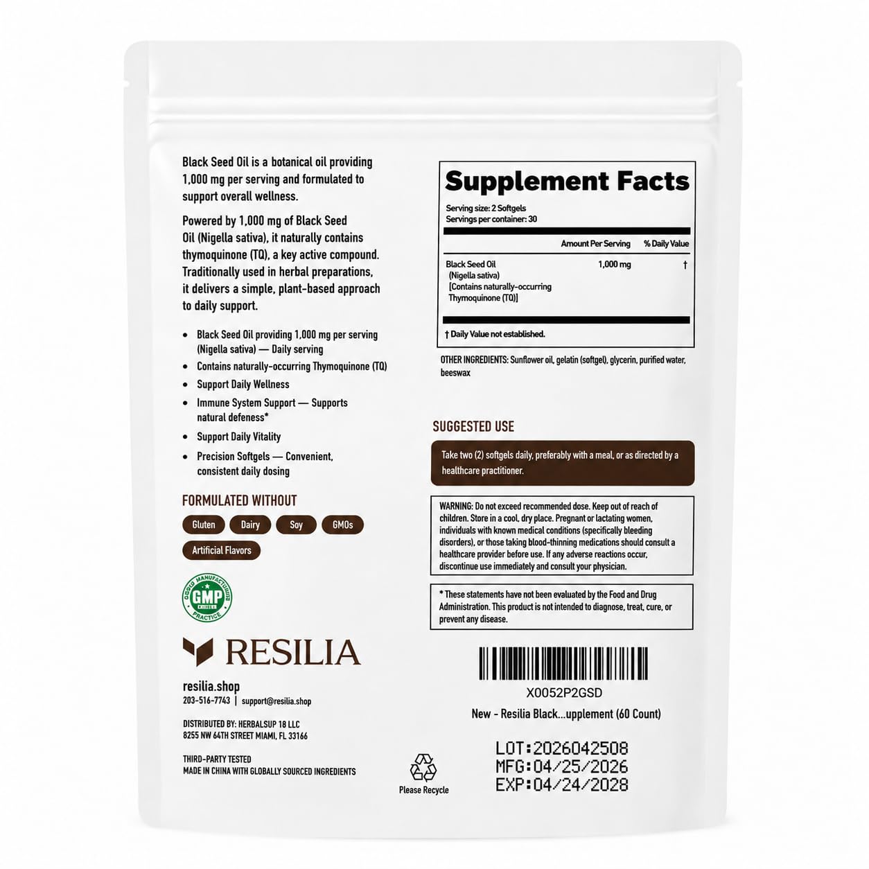 Resilia Oil Of Oregano Ethiopian Black Seed Oil Capsules 1000mg Per Serving, Digestive & Immune Support, 120 Capsules