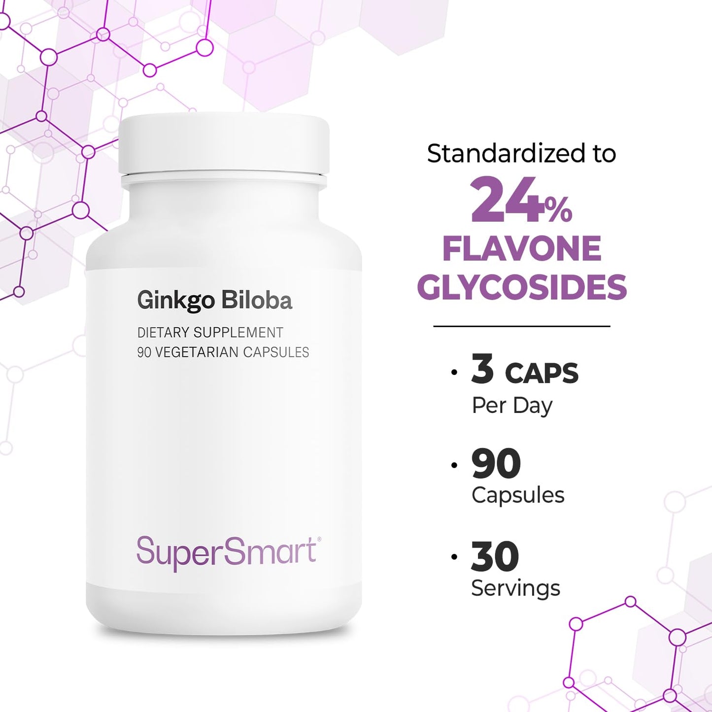 Supersmart Ginkgo Biloba 180 mg Per Serving Extract Standardized to 24% Ginkgo Flavonglycosides Capsules, 90 Count
