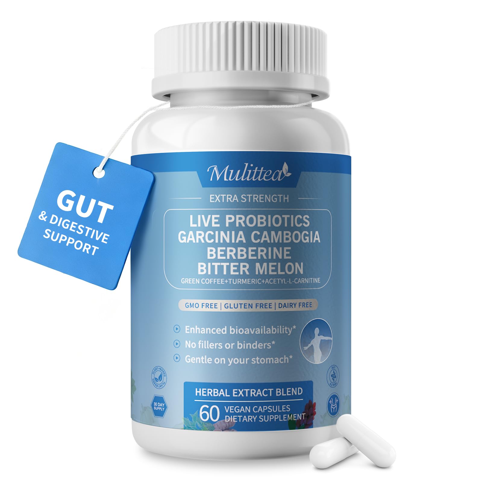 Mulittea Gut Health Supplement with Berberine, Garcinia Cambogia, Bitter Melon Capsule 60 Count