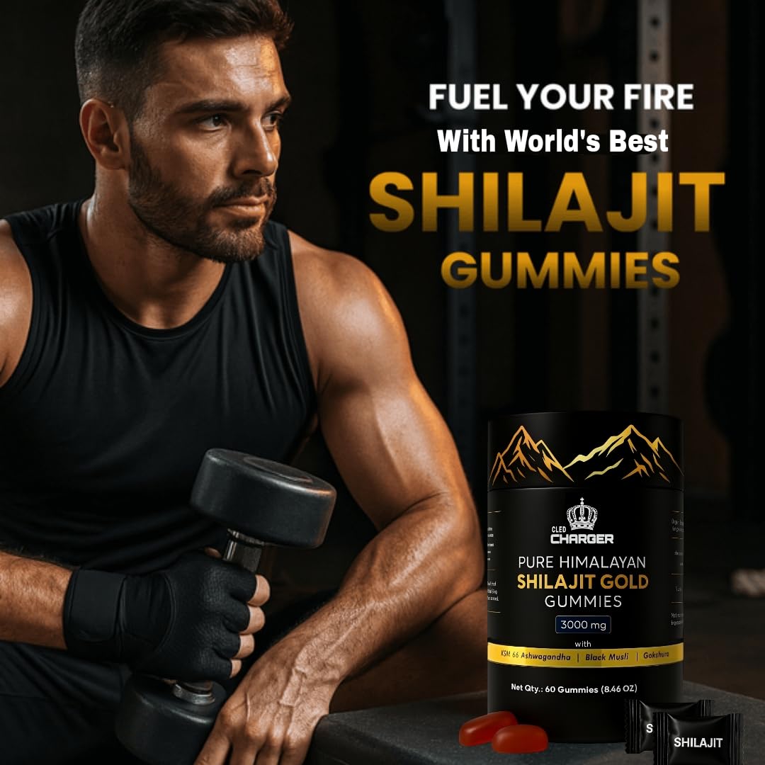 Cled Charger Shilajit Gummies for Men & Women, 3000mg Pure Organic Himalayan Shilajit with Ashwagandha Gokshura, 85+ Trace Minerals & Fulvic Acid, Non-GMO, No Added Sugar, 60 Gummies
