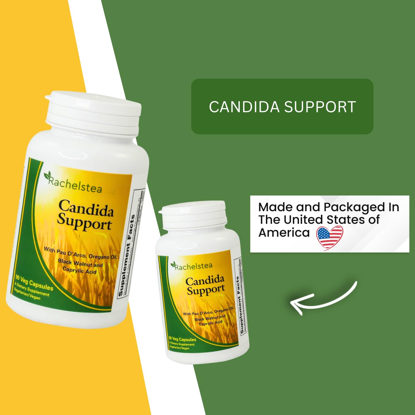 Rachelstea Candida Support, Intestinal Flora with PAU D'Arco, Oregano Oil, Black Walnut, and Caprylic Acid, 90 Veg Capsules