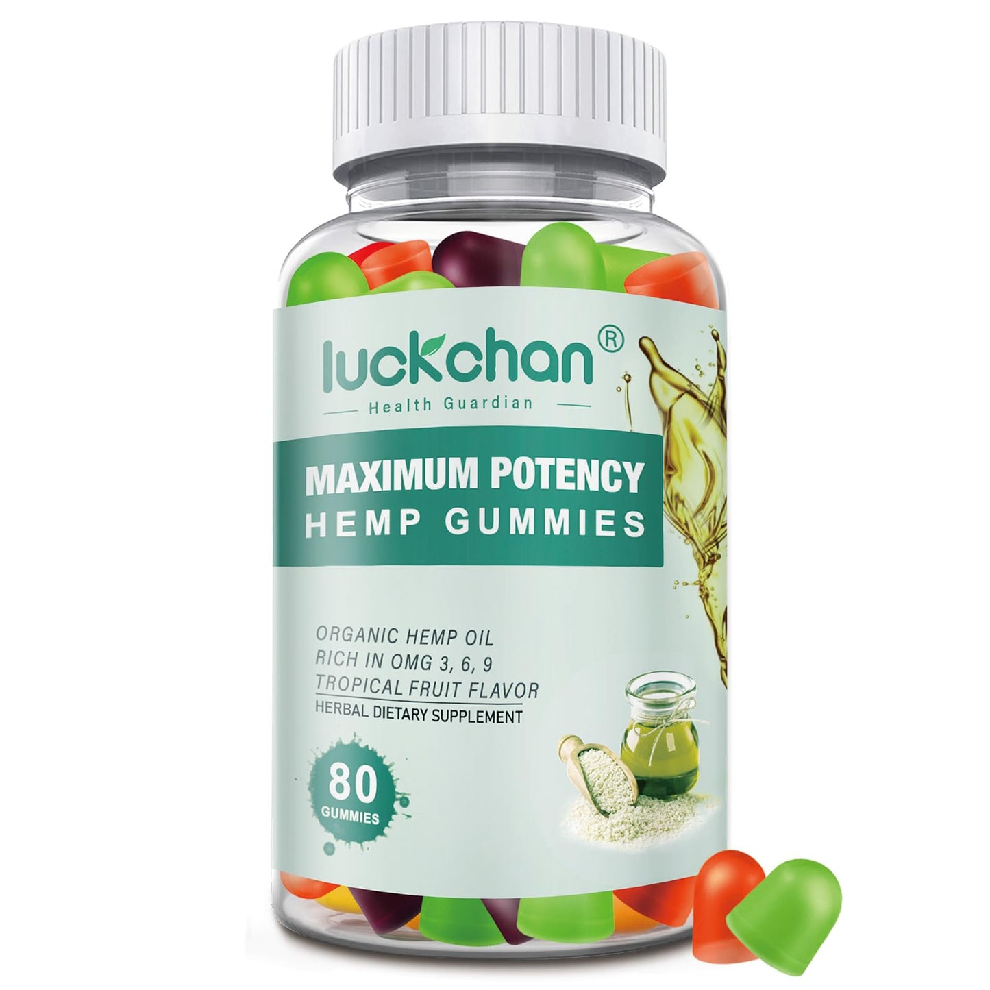 LUCKCHAN Hemp Gummies High Potency for Sleep, Pain, Anxiety - Organic Hemp Oil Gummies, 80 Count