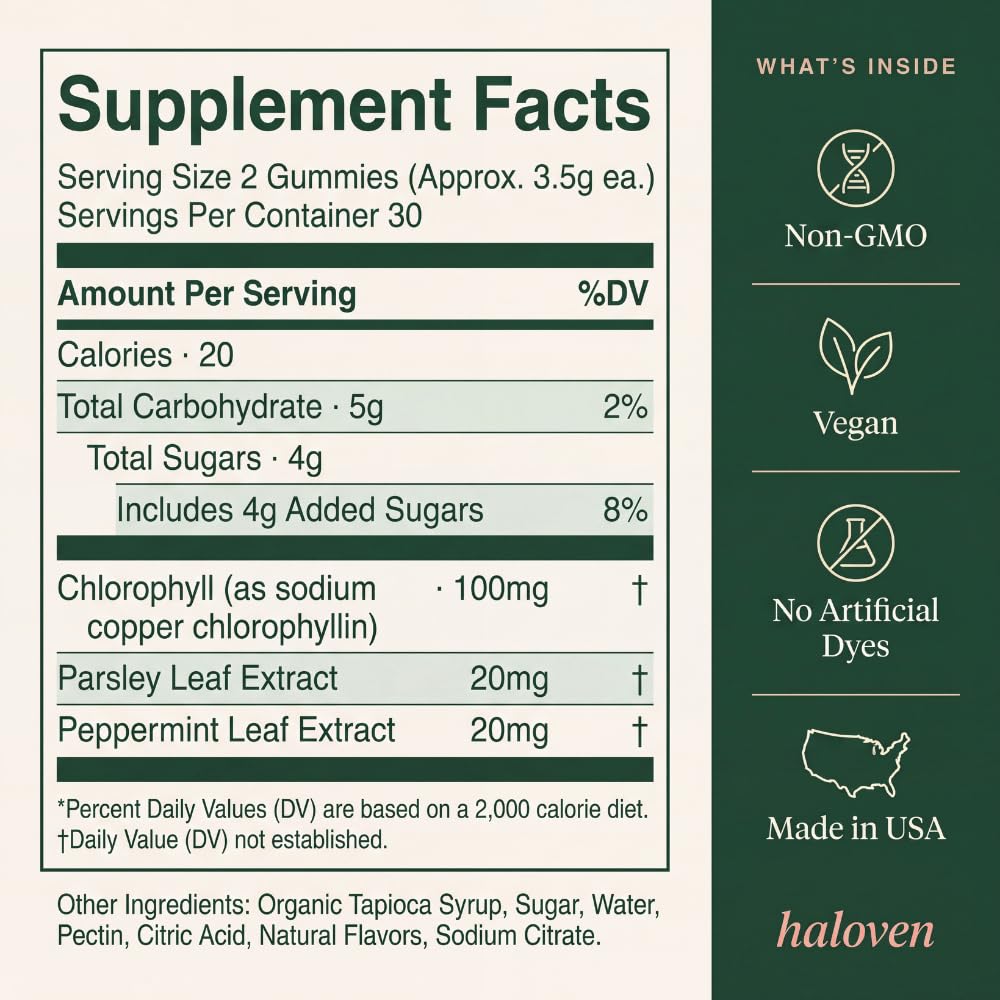 Haloven Chlorophyll Gummy, Body Odor Support, Lemonade, 60 Count