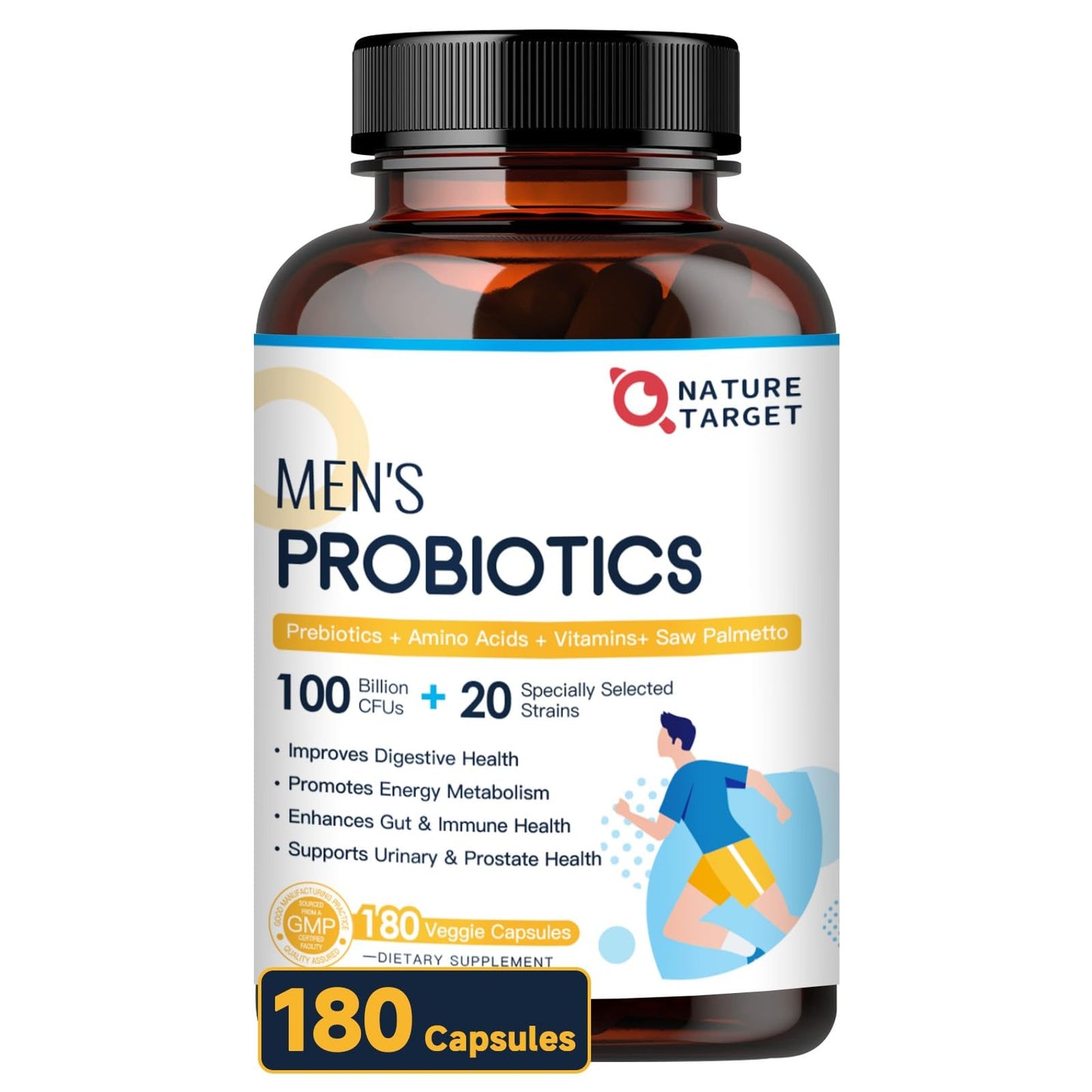 NATURE TARGET Probiotics for Men 100 Billion CFUs Digestive Health with Enzymes & Prebiotics Saw Palmetto for Prostate Health Capsules 180 Count