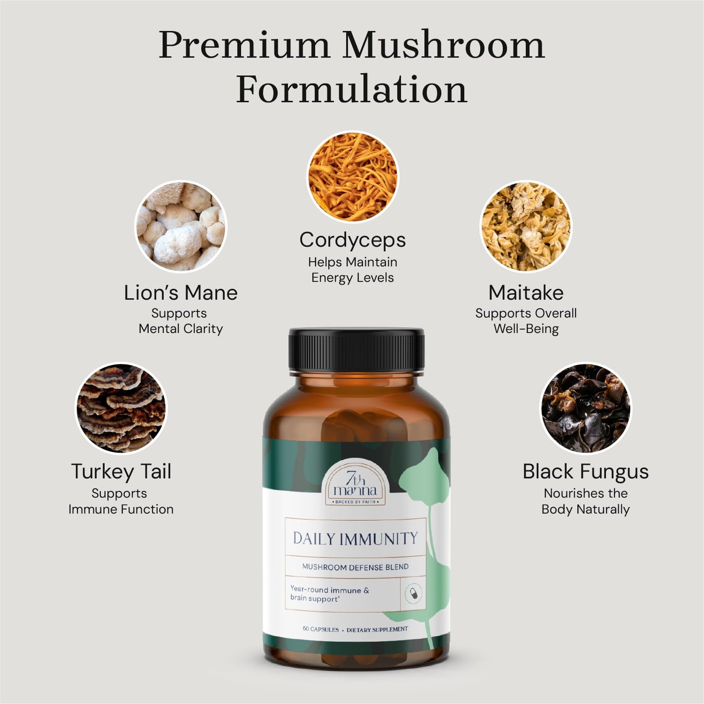 7th Manna Daily Immunity Lion's Mane Mushroom Complex Capsules with Cordyceps, Turkey Tail & Reishi, Brain Support, Focus, Energy & Immune Booster, 60 Capsules