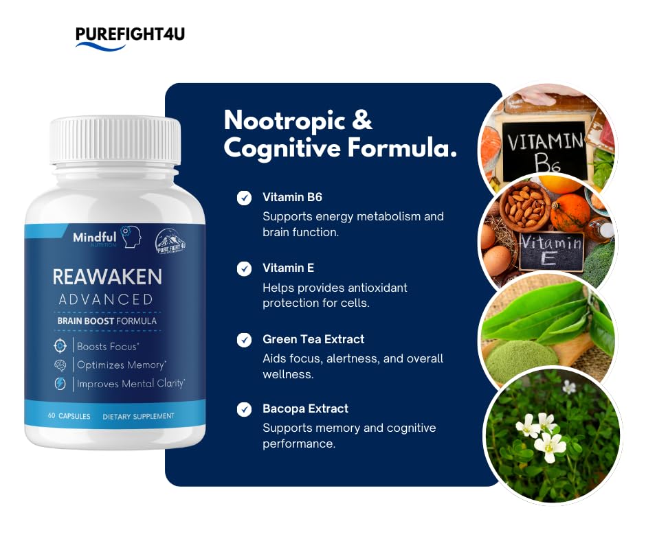 PureFight4U Reawaken Advanced Brain Function Dietary Supplement Brain Boost Formula Capsules, 60 Count