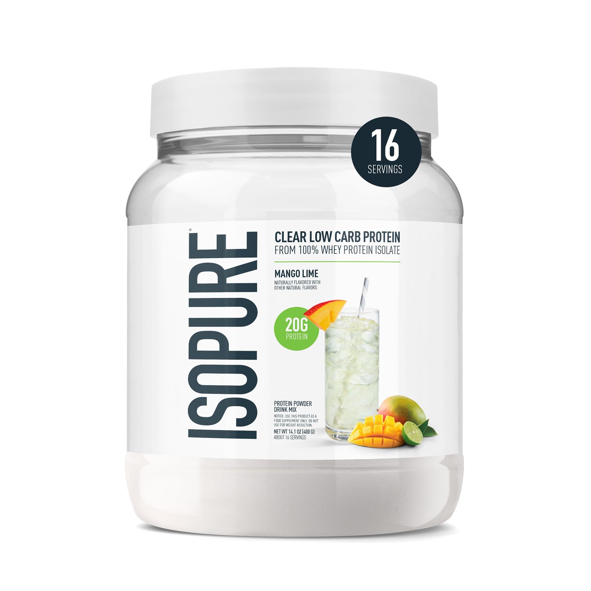 Isopure Clear Whey Isolate Protein Powder, Mango Lime, Lactose Free, Gluten Free, 14.1 oz, 16 Servings
