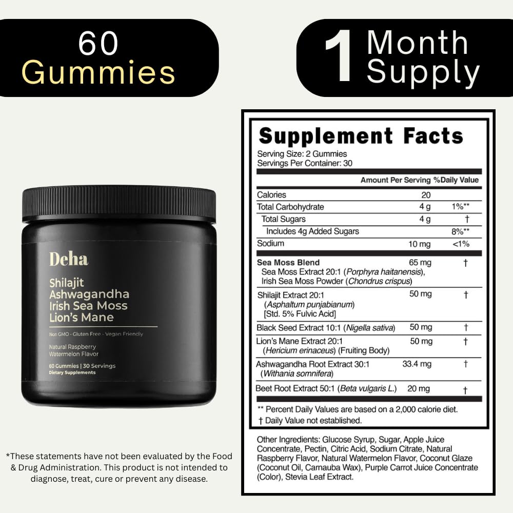 Deha Shilajit Gummies for Men & Women with Ashwagandha, Irish Sea Moss, Lion’s Mane, Beet Root & Black Seed Extract – Raspberry Watermelon Flavor – Vegan, Non-GMO, Gluten-Free 60 Gummies