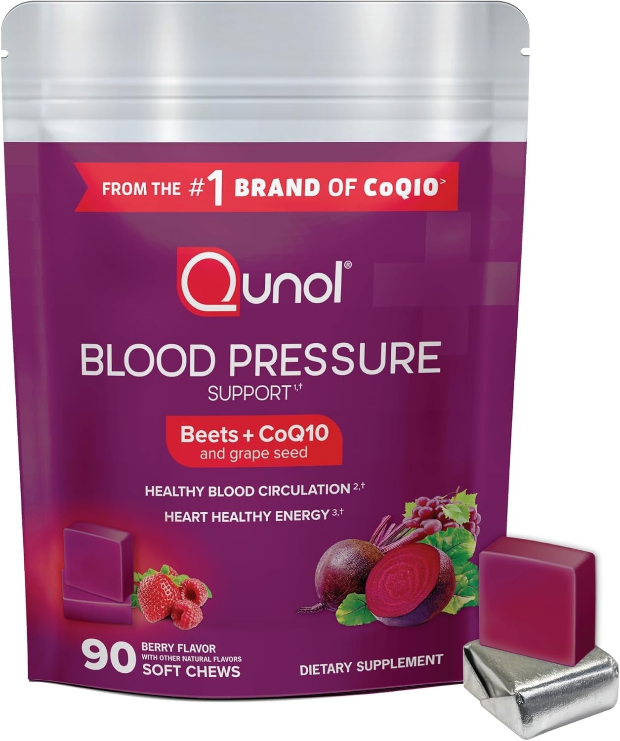 Qunol Beets Chews for Blood Pressure Support 3 in 1 Beets + CoQ10 + Grape Seed Extract Chewable, 90 Count