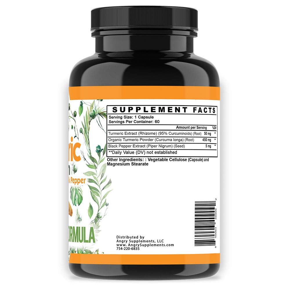 Angry Supplements Vegan Turmeric Curcumin with Black Pepper Extract Capsules, 60 Capsules