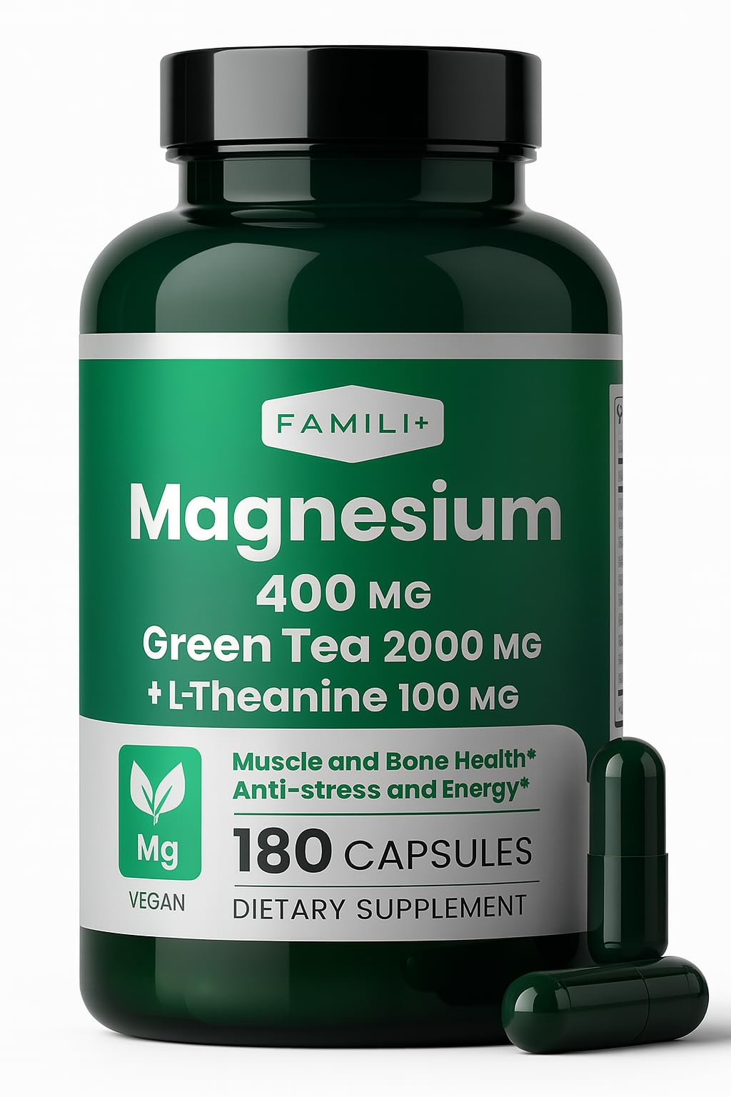 FAMILI+ Magnesium 400mg, Green Tea Supplement & L-Theanine Capsule, 180 Count
