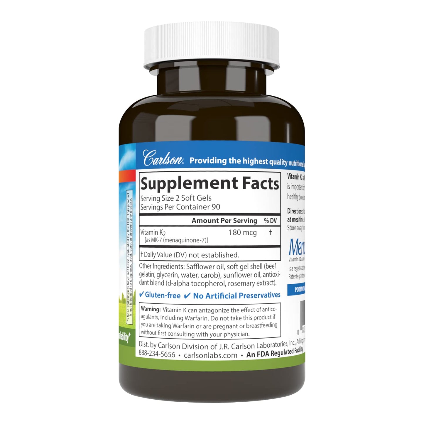 Carlson Vitamin K2 MK-7 (Menaquinone), 180 mcg, Bone Support, 180 Softgels