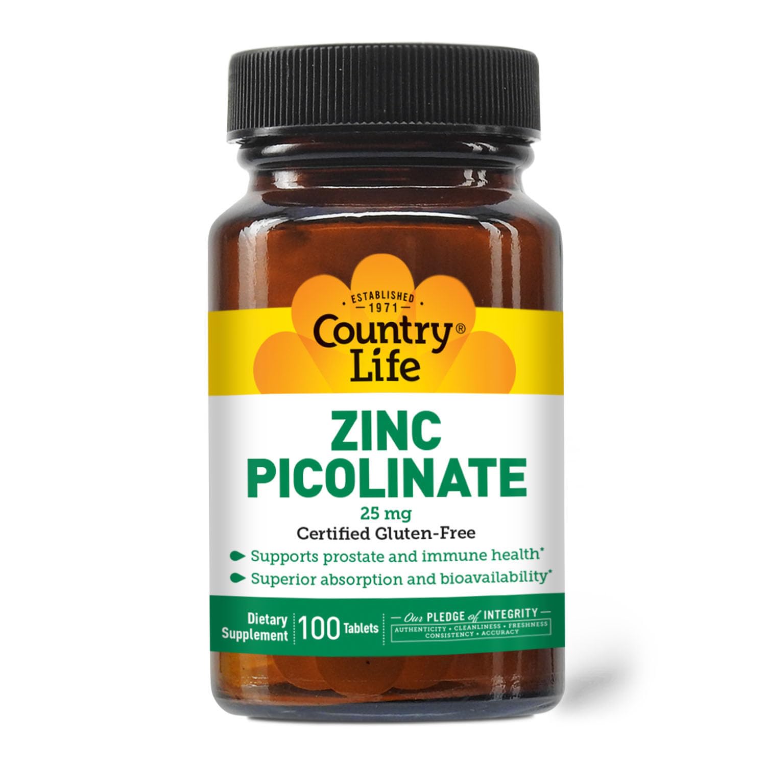 Country Life Zinc Picolinate 25 mg Tablets, 100 Count
