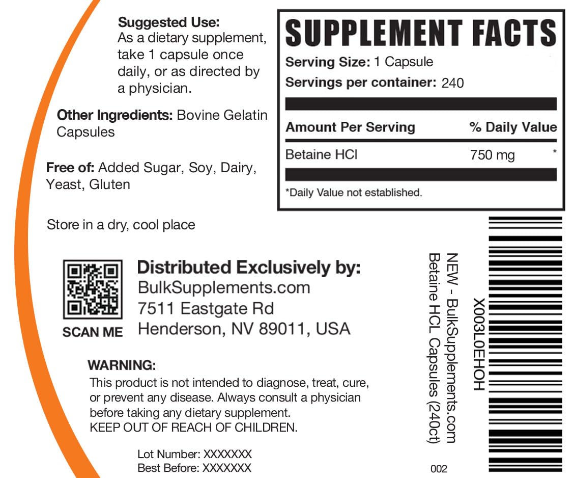 BulkSupplements Betaine HCl 750mg 240 Capsules