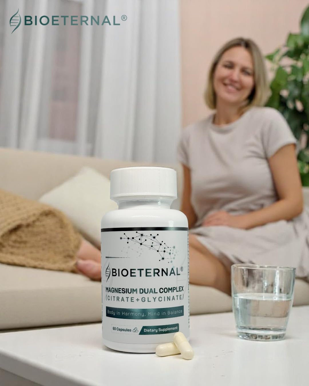 BIOETERNAL Magnesium Dual Complex Citrate + Glycinate Formula, 60 Capsules