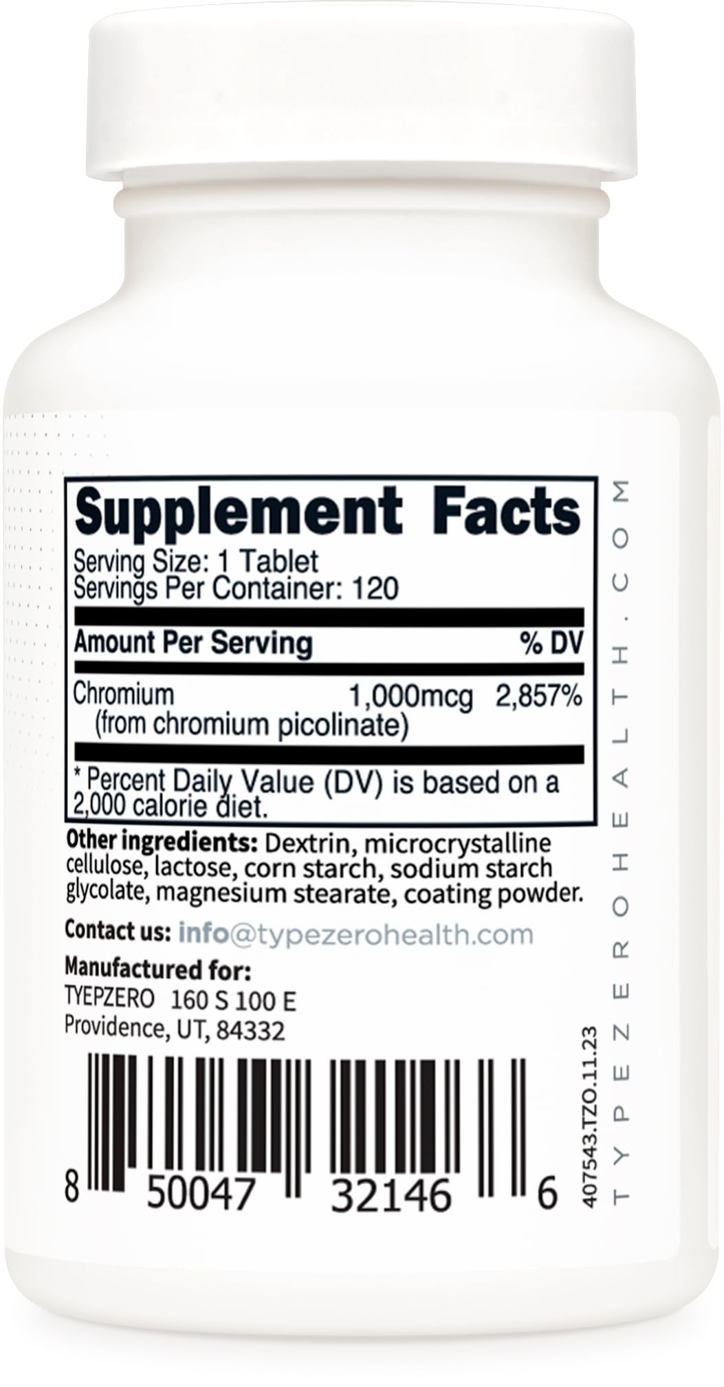 Type Zero Clean Chromium Picolinate (1000mcg) Tablets, 120 Count, Gluten-Free